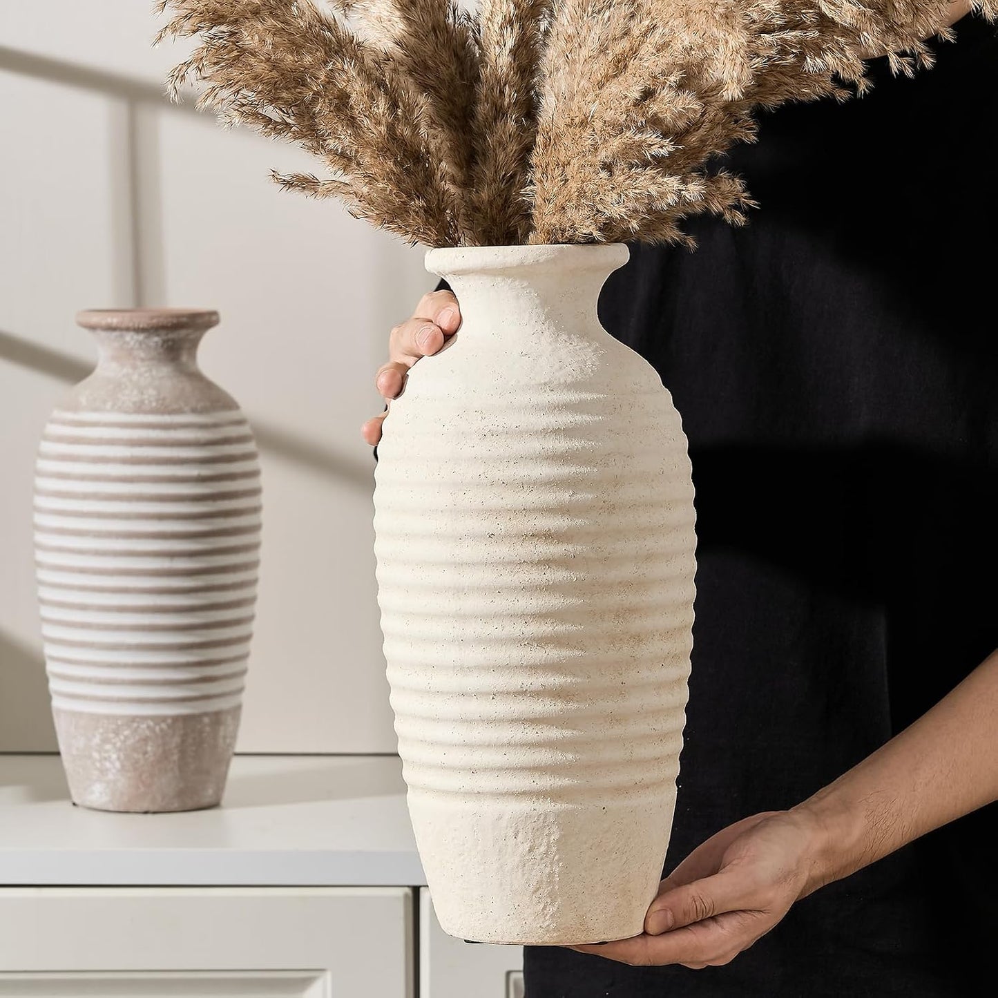 Ceramic Natural Rustic Vase / Off-white / 14.4 / 14.4 Inch