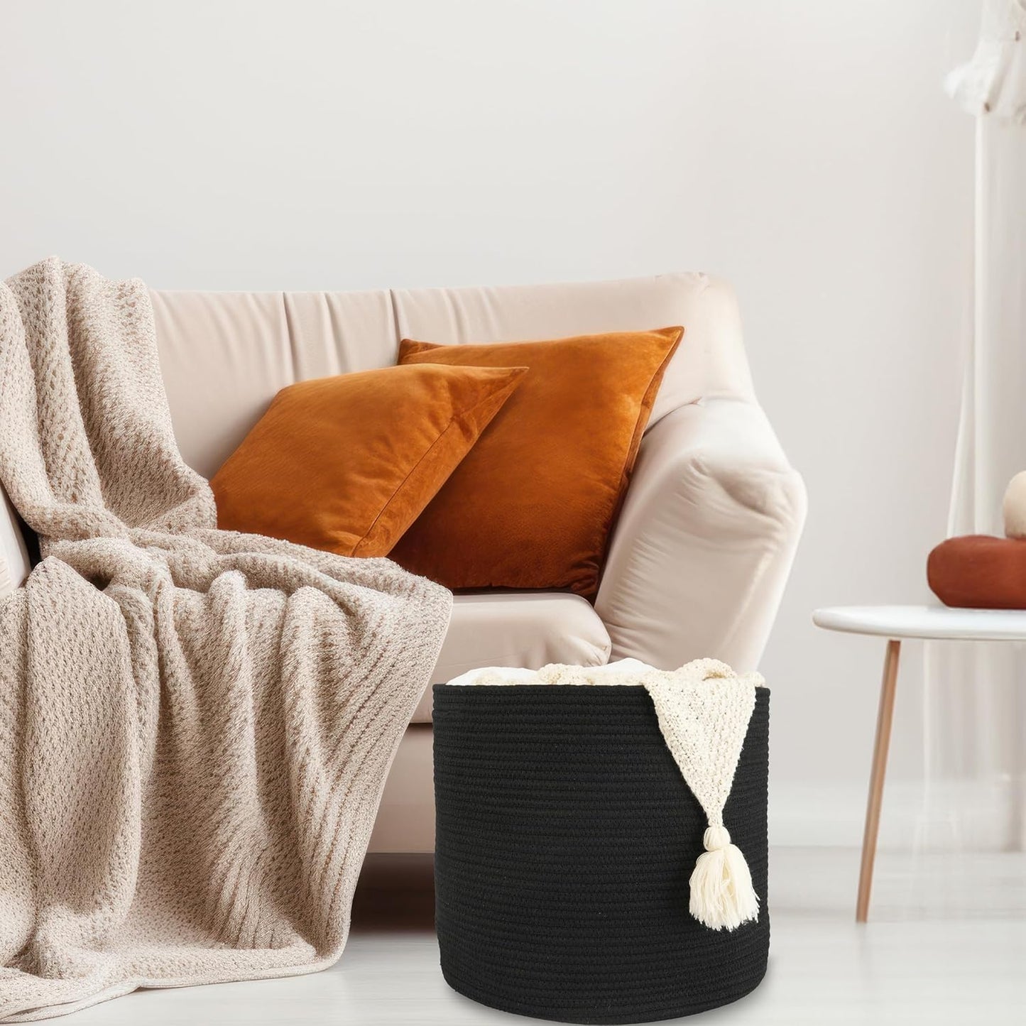 Cotton Rope Basket For Girls Boys Kids " Baby Laundry Basket Nursery Bin Round / Black / 16 x 14