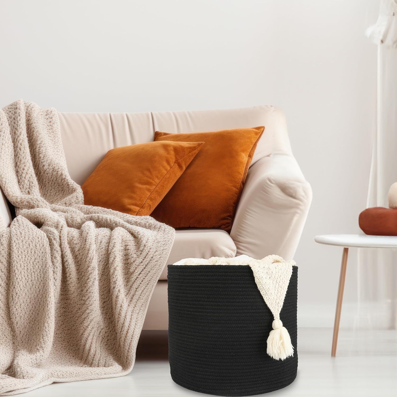 Cotton Rope Basket For Girls Boys Kids " Baby Laundry Basket Nursery Bin Round / Black / 16 x 14