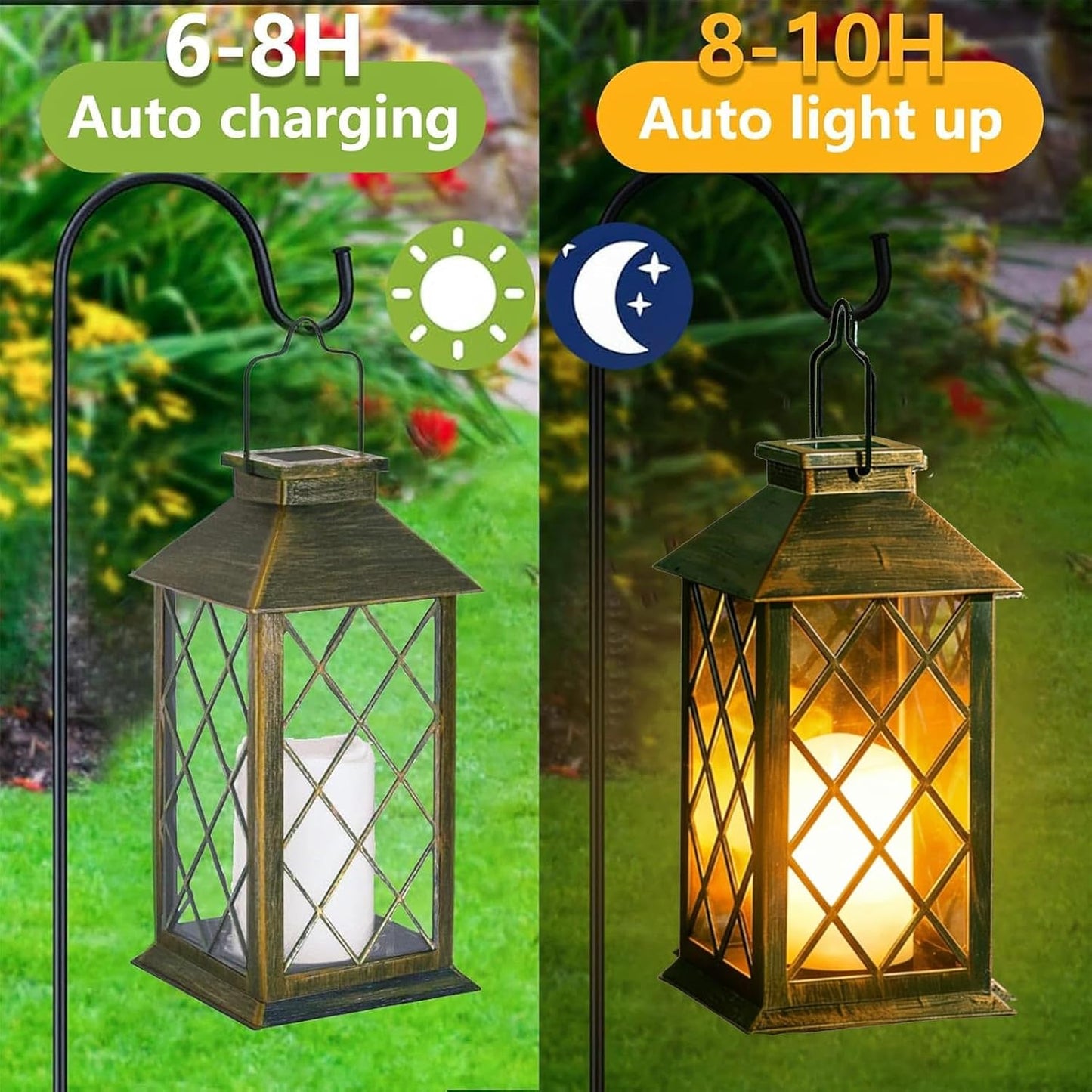 2 Pack 9" Medium Tempered Glass Solar Lanterns Outdoor Waterproof | Hanging Solar Lights with Flickering Flameless