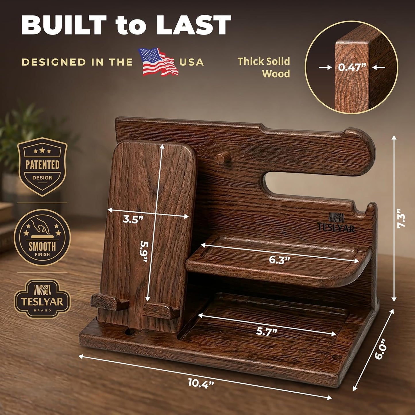 TESLYAR Wood Phone Docking Station for Men - Desk or Nightstand Organizer - Birthday Gifts for Husband, Dad