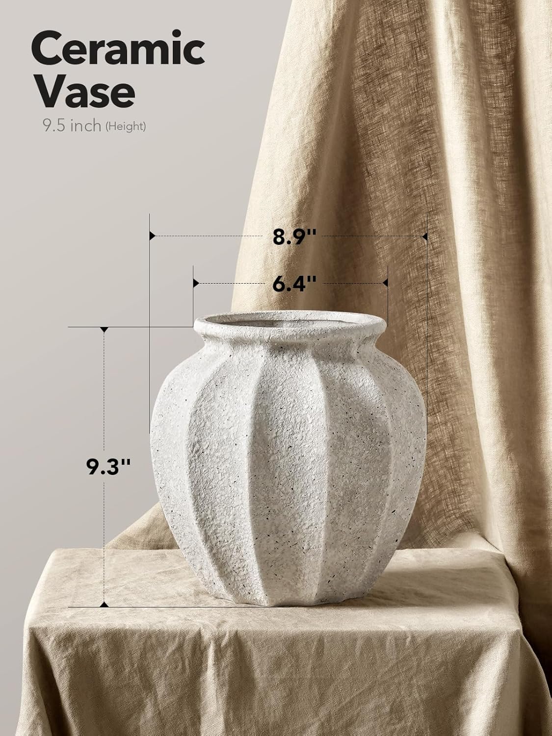 Ceramic Vase / Artisan Large Ceramic Vase for Modern Farmhouse Home Decor / White / 9.3 Inch