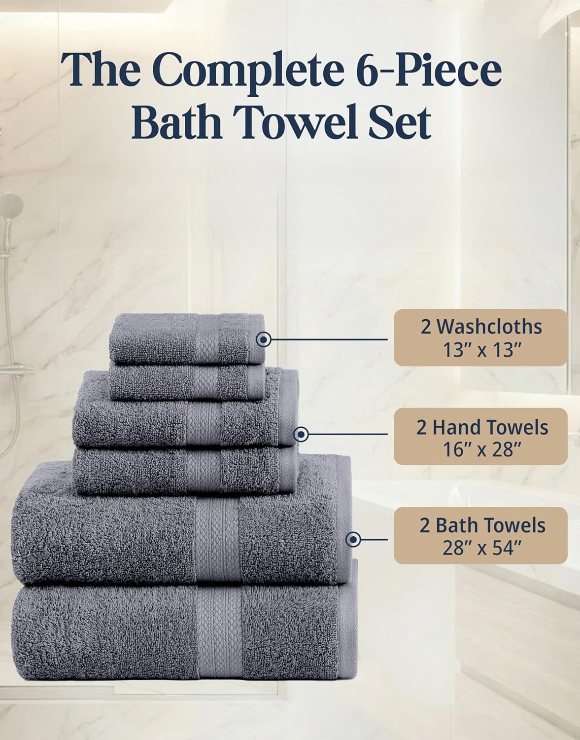 LANE LINEN Towel Set for Bathroom Soft Absorbent Quick Dry - Cool Grey | Set Of Towels - Dobby Border Accent, OEKO-TEX