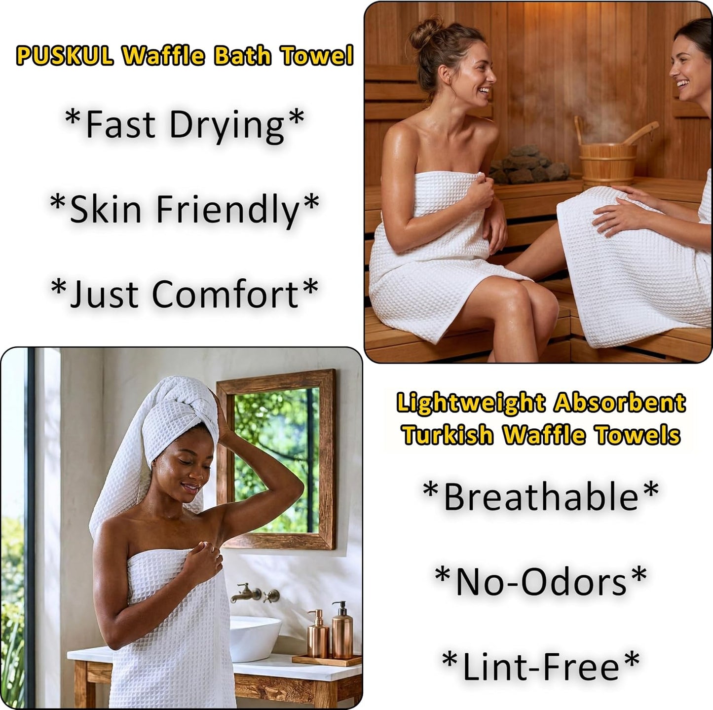 PÜSKÜL Natural 100% Turkish Cotton Waffle Bath Towels Set of 2, Extra-Large | White, Oversize 32x63" Bath sheet towel