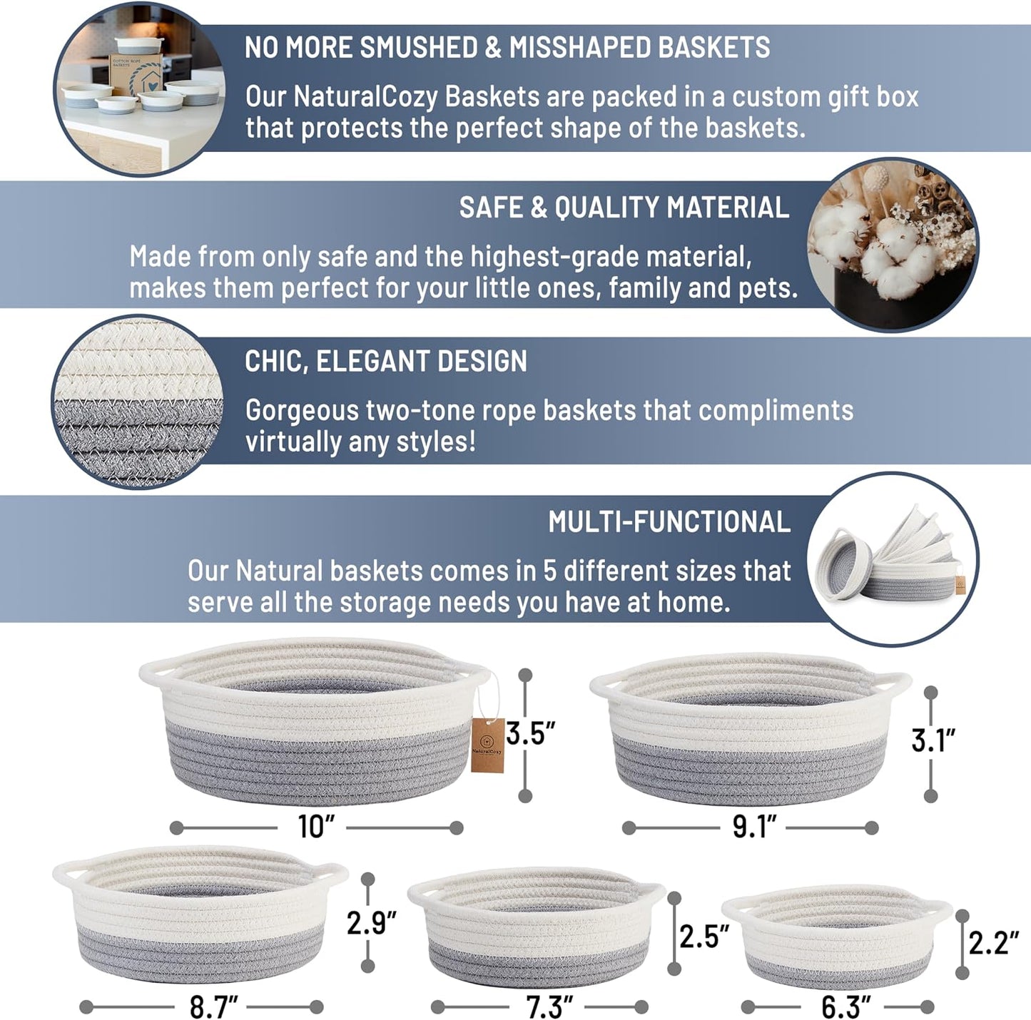 5-Piece Round Woven Cotton Rope Storage Baskets for Organizing / Off White & Gray