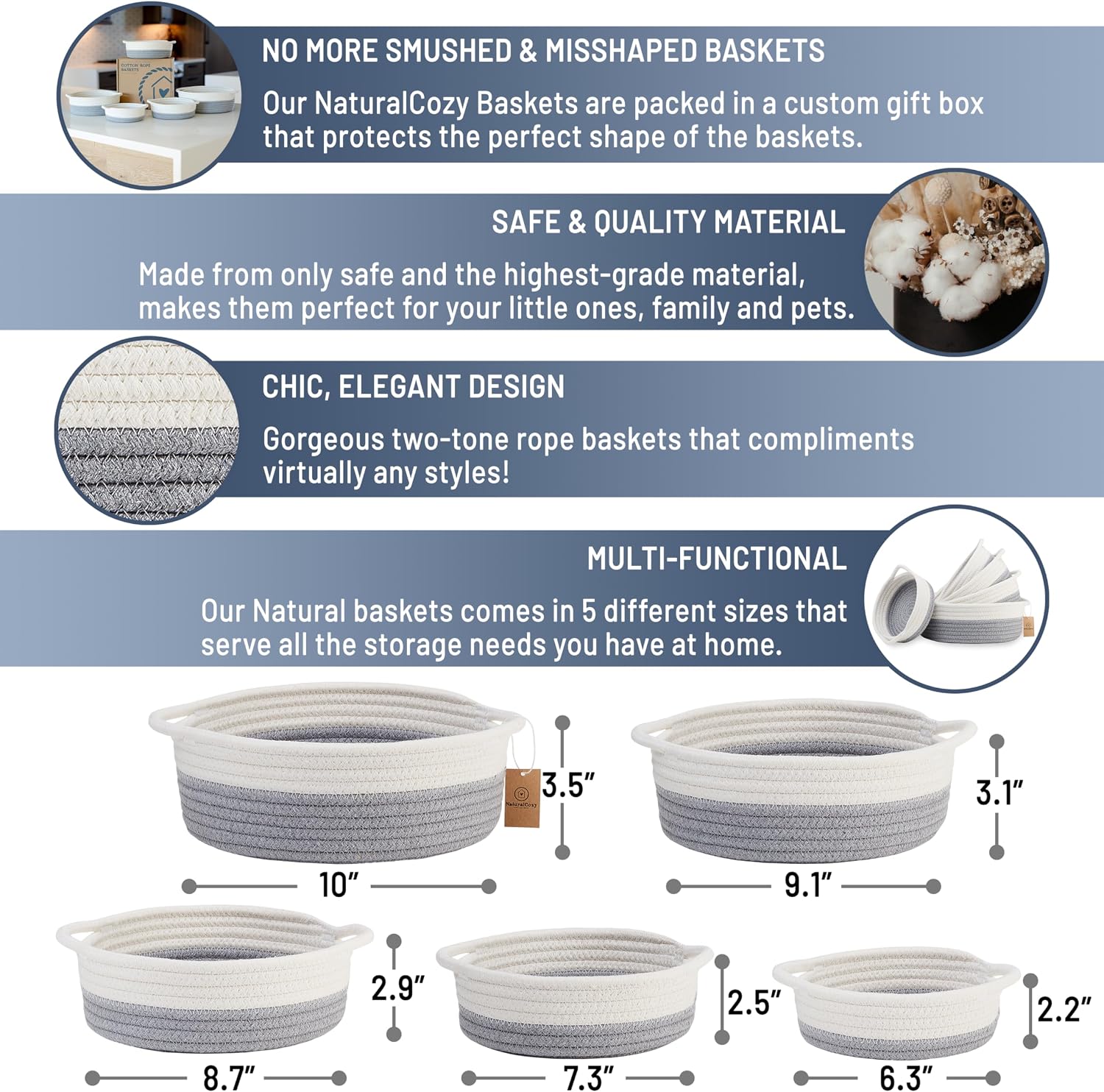 5-Piece Round Woven Cotton Rope Storage Baskets for Organizing / Off White & Gray