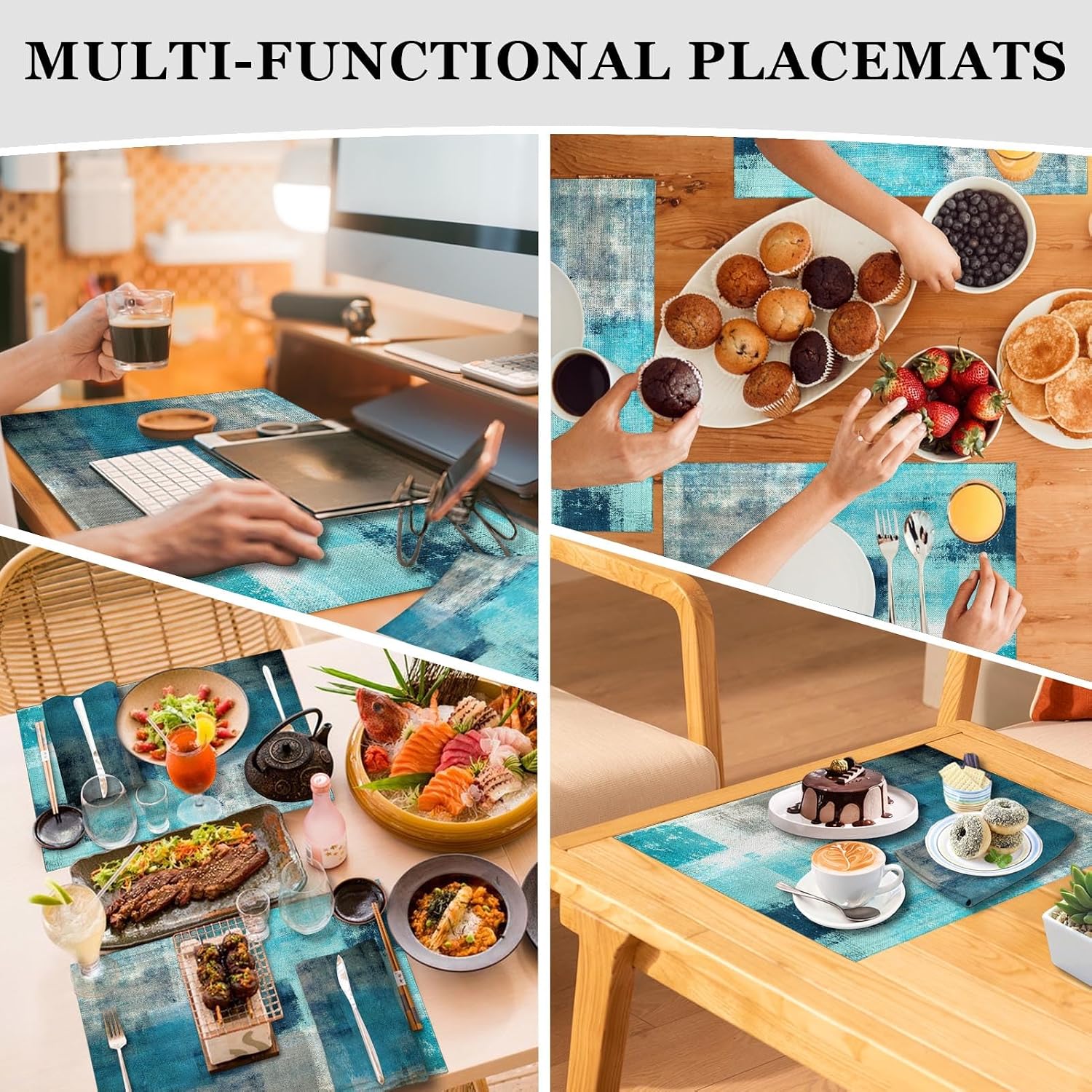 MCALK 4 Each Turquoise Placemats and Cloth Napkins Set of 8, Modern Abstract Art Painted Placemat for Home Kitchen