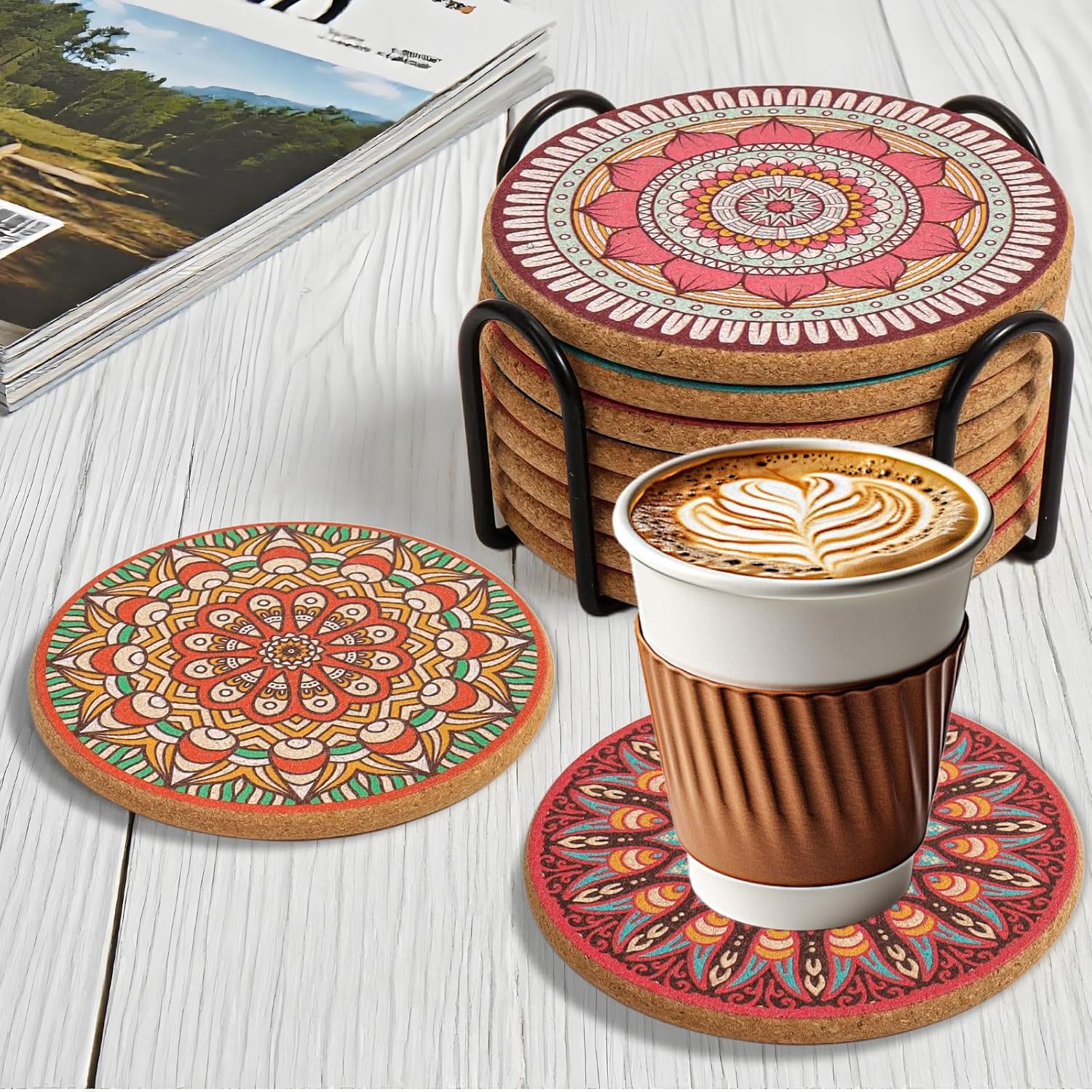 Holder / Round Boho Coasters for Drinks / Mandala Coasters2 / Set of 8