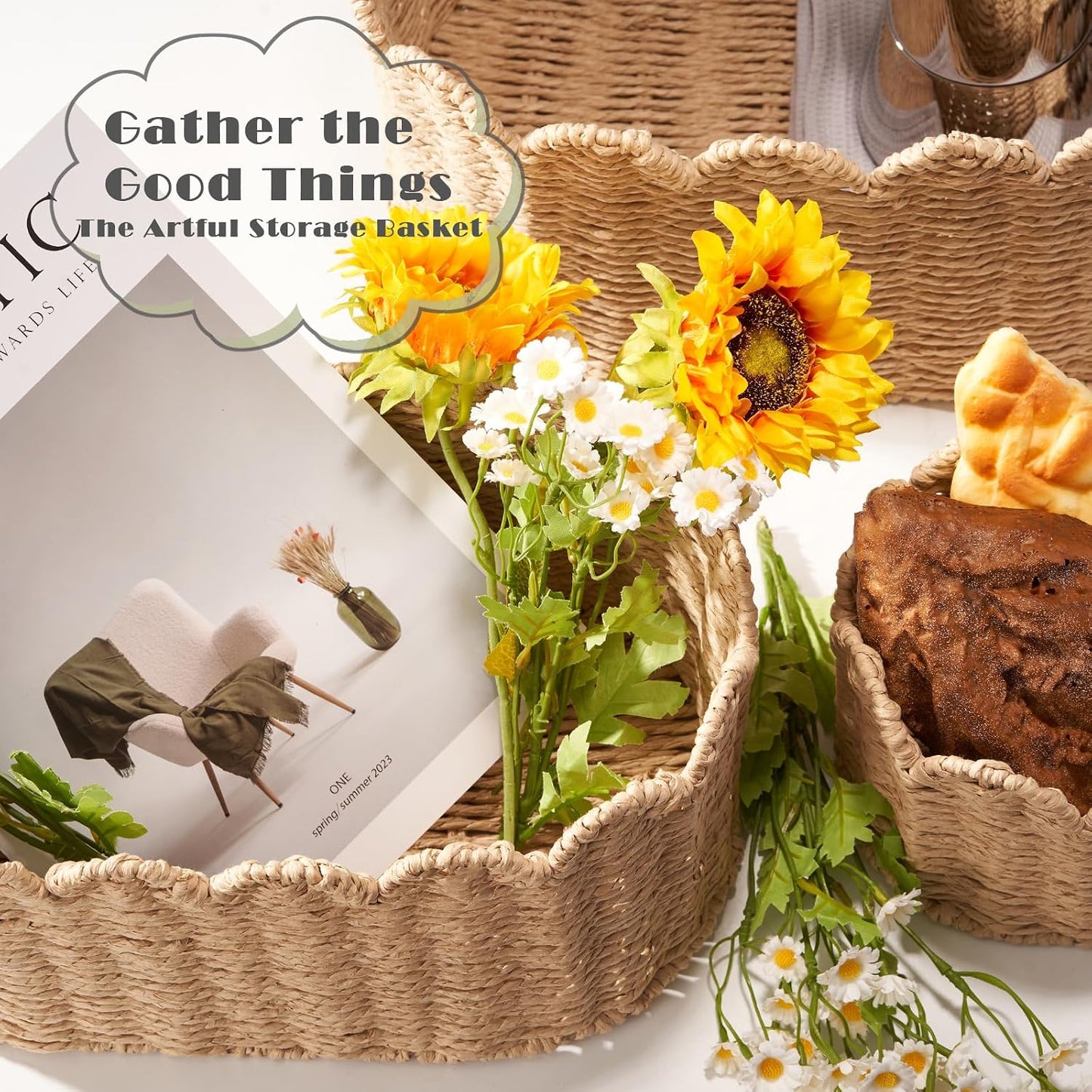 Scalloped Basket / Wicker Storage Baskets / Set of 3