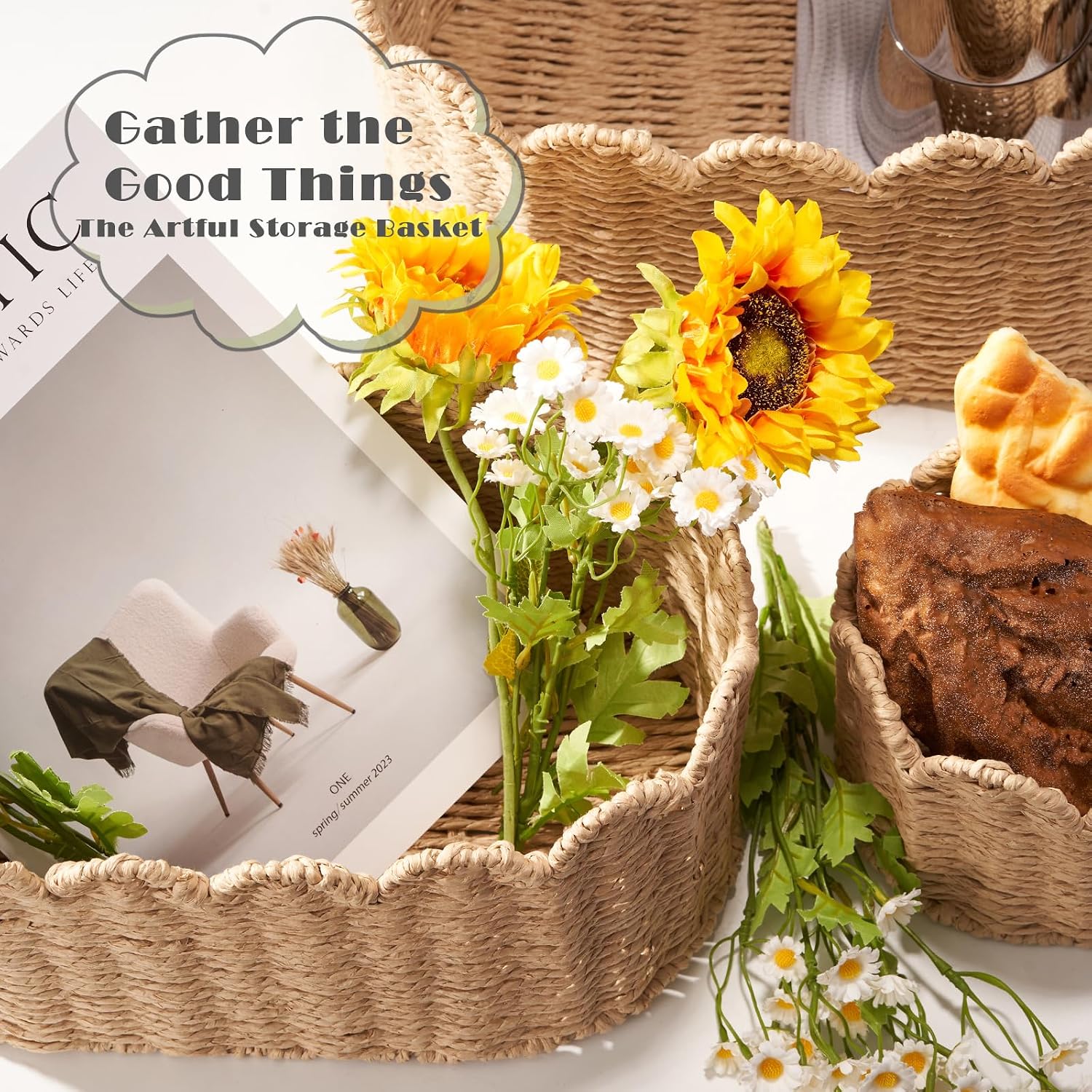 Scalloped Basket / Wicker Storage Baskets / Set of 3