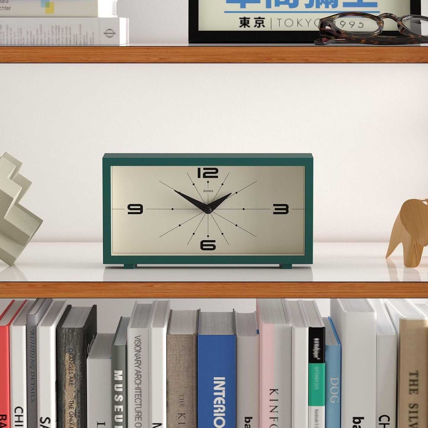 JONES CLOCKS® Odeon Desk Clock | Modern Rectangular Design | Dark Green | Stylish Retro Look for Shelf, Table, Mantel