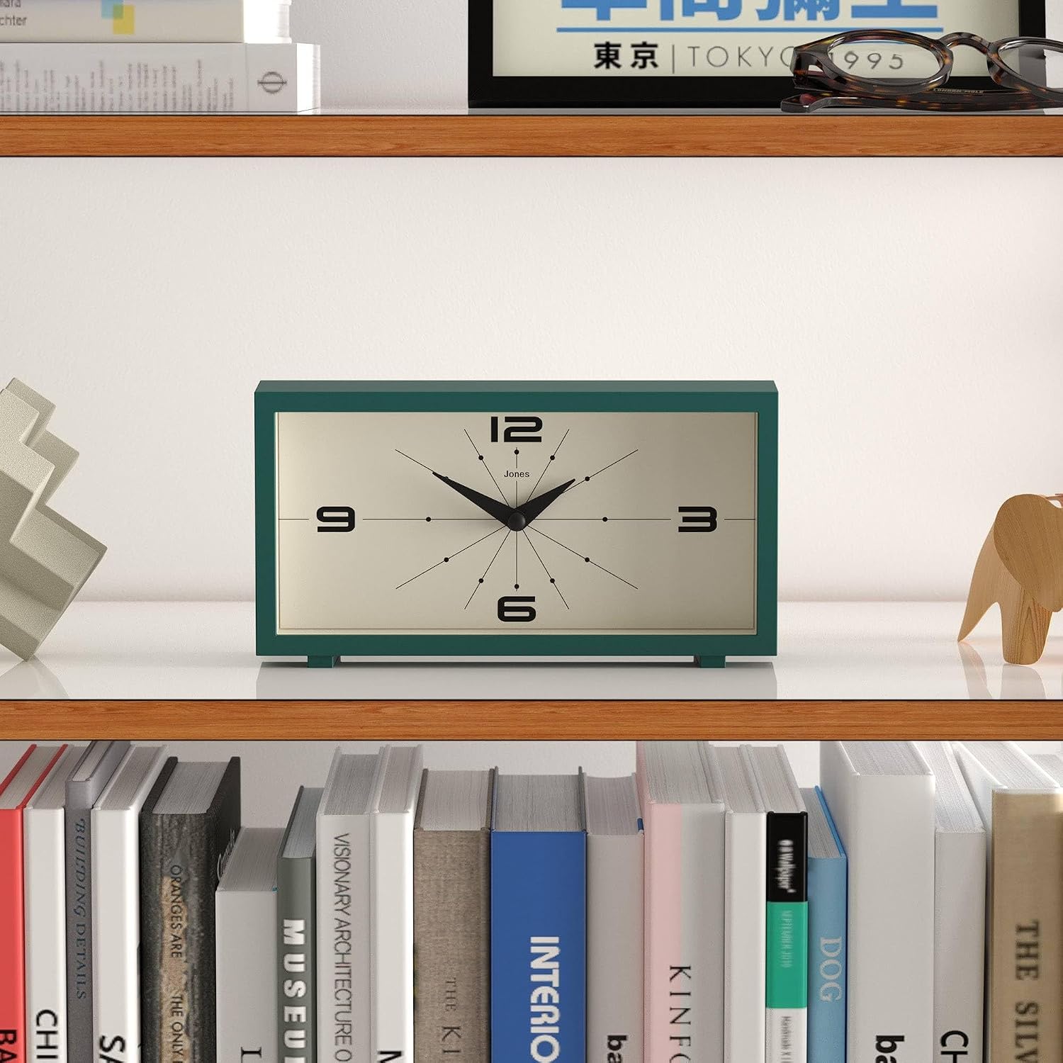 JONES CLOCKS® Odeon Desk Clock | Modern Rectangular Design | Dark Green | Stylish Retro Look for Shelf, Table, Mantel