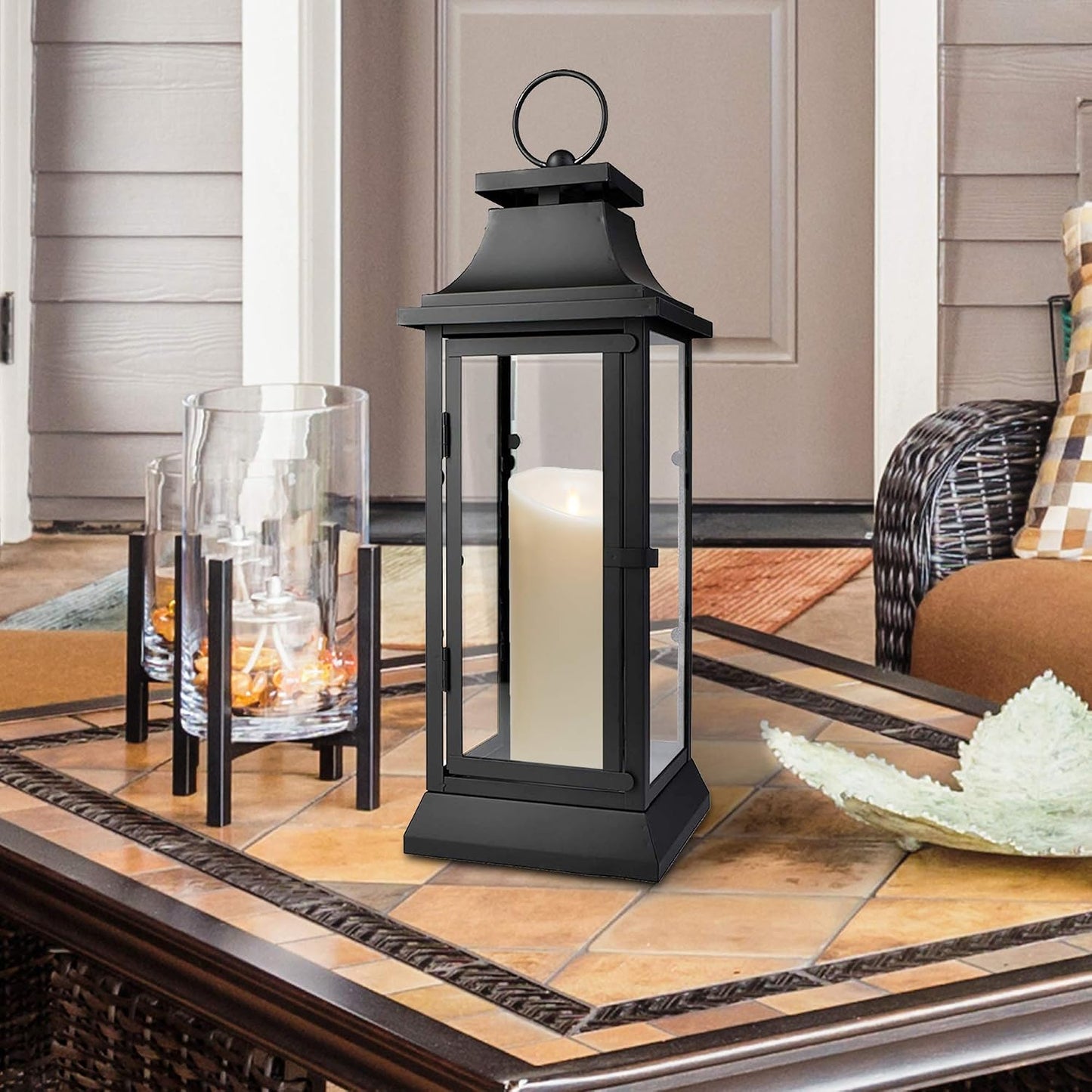 Serene Spaces Living Black Metal Hurricane Lantern with Clear Glass Panels – Hanging or Tabletop Decorative Lantern for