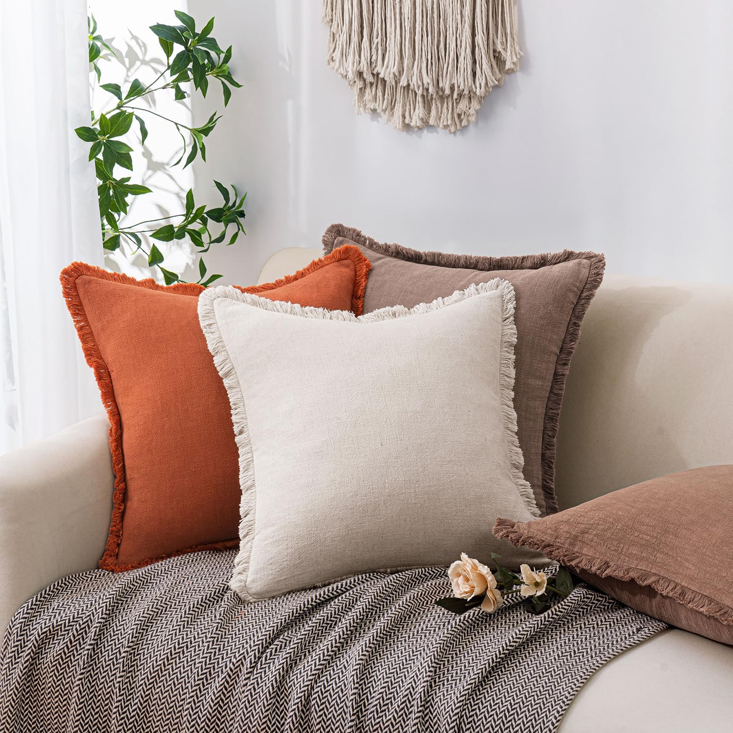 Decorative Linen Fringe Throw Pillow Covers Boho Farmhouse Soft Cushion / 20 x 20 / Brick / Set of 2