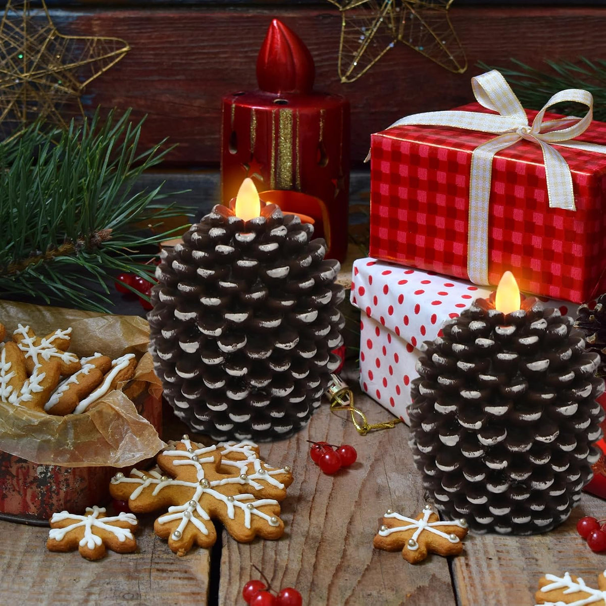 Wondise Flameless Candles with 6H Timer Pine Cone Candles | Battery Operated Candles Real Wax for Christmas