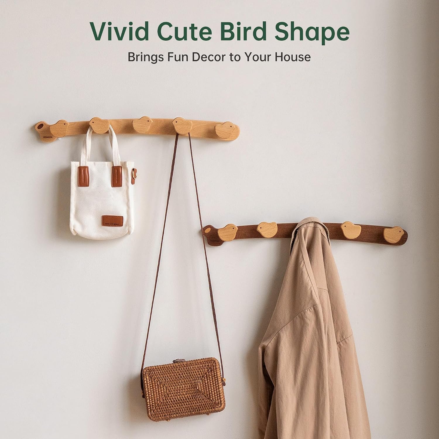 Solid Wood Wall Hooks, Coat Rack Wall Mount Cute for Kids, Entryway Hanging Shelf with 5 Hooks for Hats, Clothes