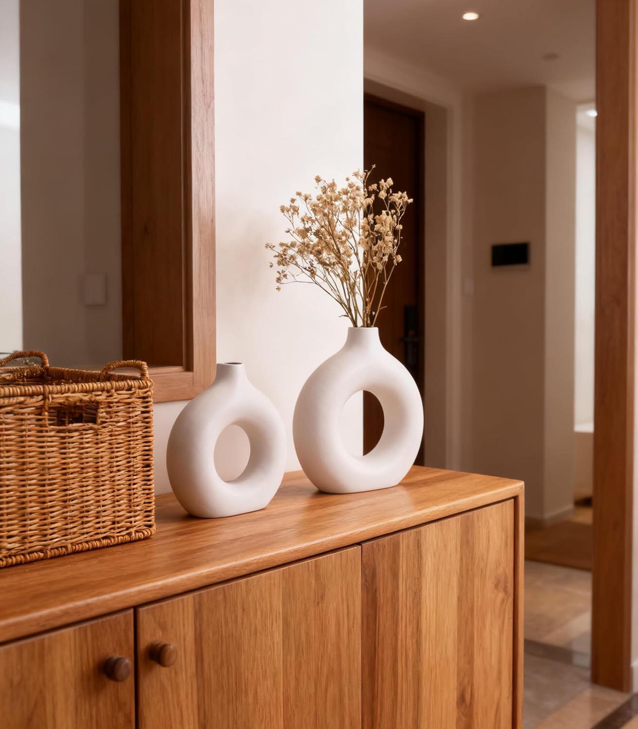 White Ceramic Vase Donut Home Decor Modern Farmhouse Round Matte Boho Style / Vt11 White / Set of 2