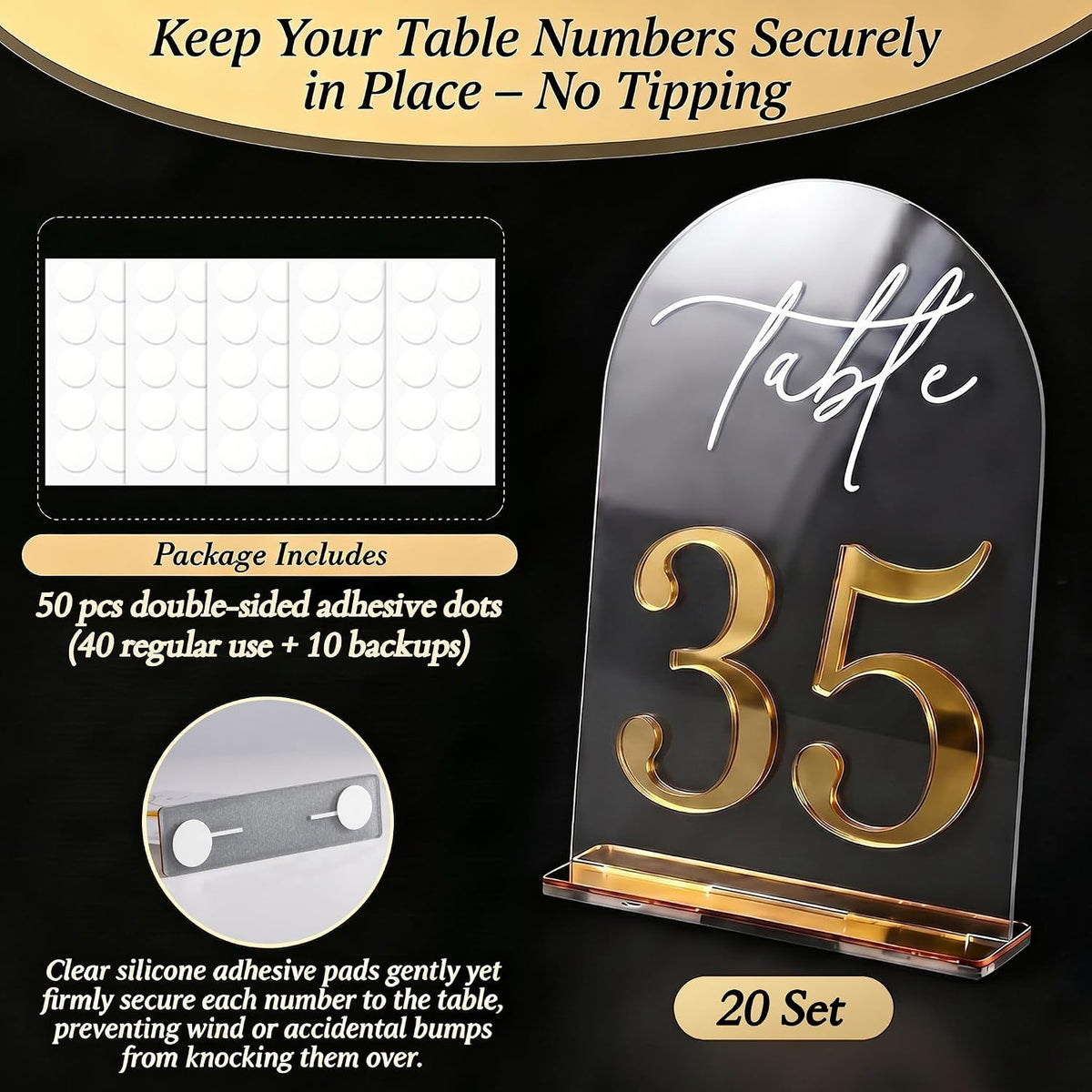 Crystal Clear Acrylic Wedding Table Numbers 31-50 Set, Self-Standing Modern Arched Wedding Signs for Reception Seating
