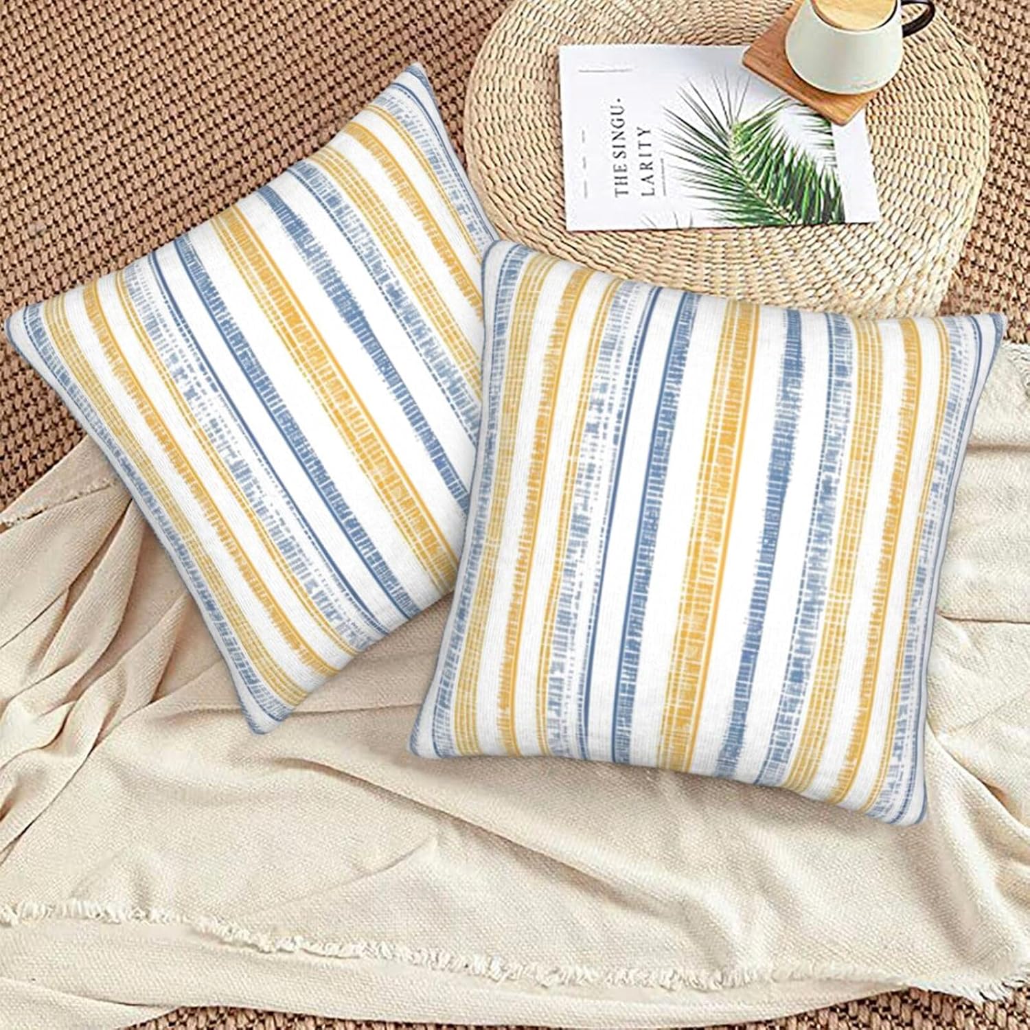 Boho Striped Throw Pillow Covers / 18 x 18 / Blue Yellow / Set of 18