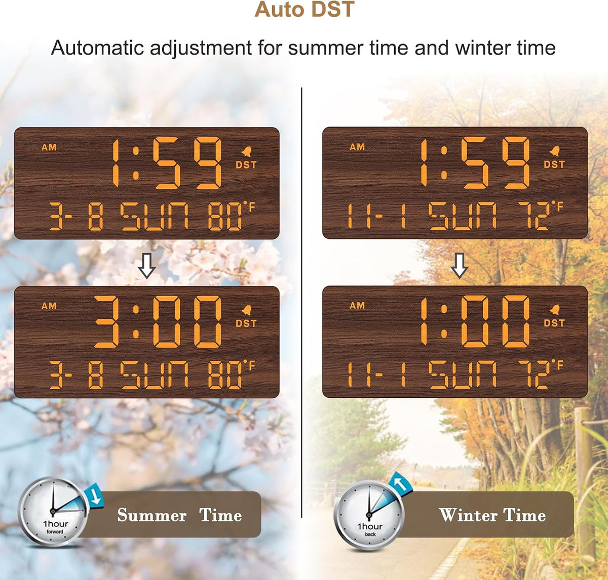 DreamSky Wooden Digital Alarm Clocks for Bedrooms with Date & Day of Week | Living Room Desk Clock, Temperature, USB