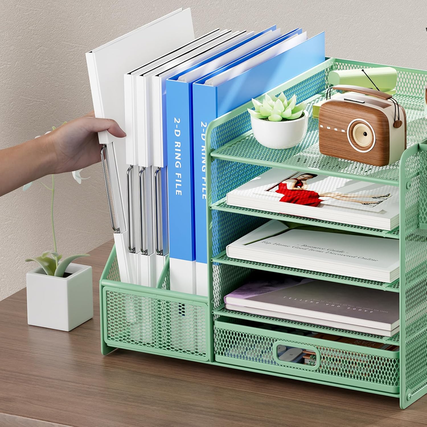 Marbrasse Desk Organizer with File Holder, 5-Tier Paper Letter Tray Organizer with Drawer and 2 Pen Holder, Mesh
