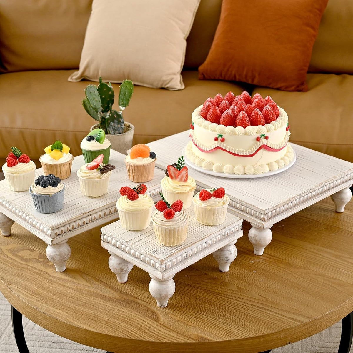 Swallowliving 3 Pcs Set Farmhouse Wood Risers for Display Decorative, Rustic Shabby Chic Tiered Tray for Kitchen