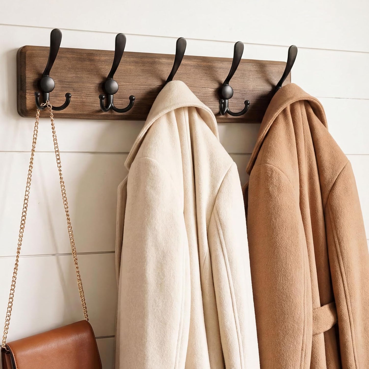 WEBI Rustic Coat Rack Wall Mounted,Wood Coat Hanger Wall,5 Coat Hooks,16" Hole to Hole,Hook Rack Rail,5 Triple Hooks