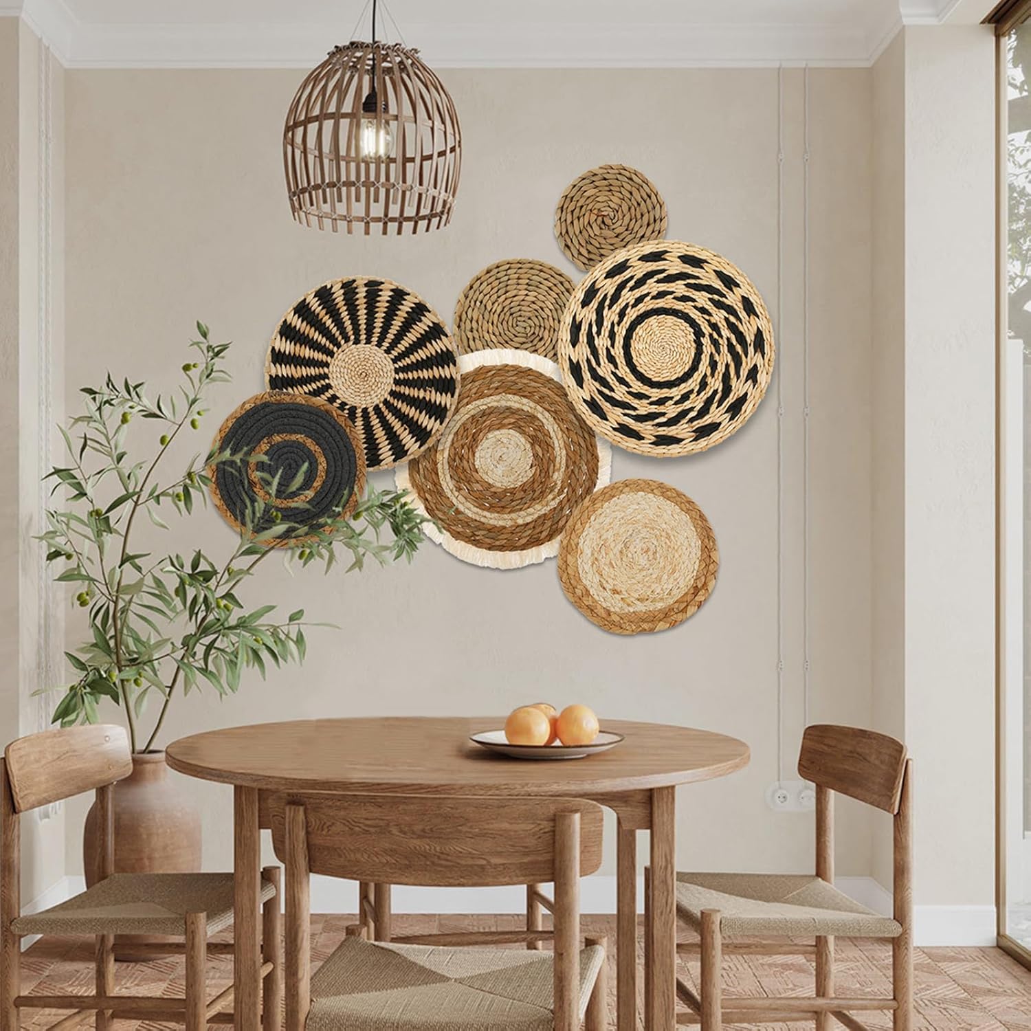 Boho Wall Basket Set Hanging Woven Wall Basket Decor Rattan Flat Round Wicker / Style 1 / Set of 7