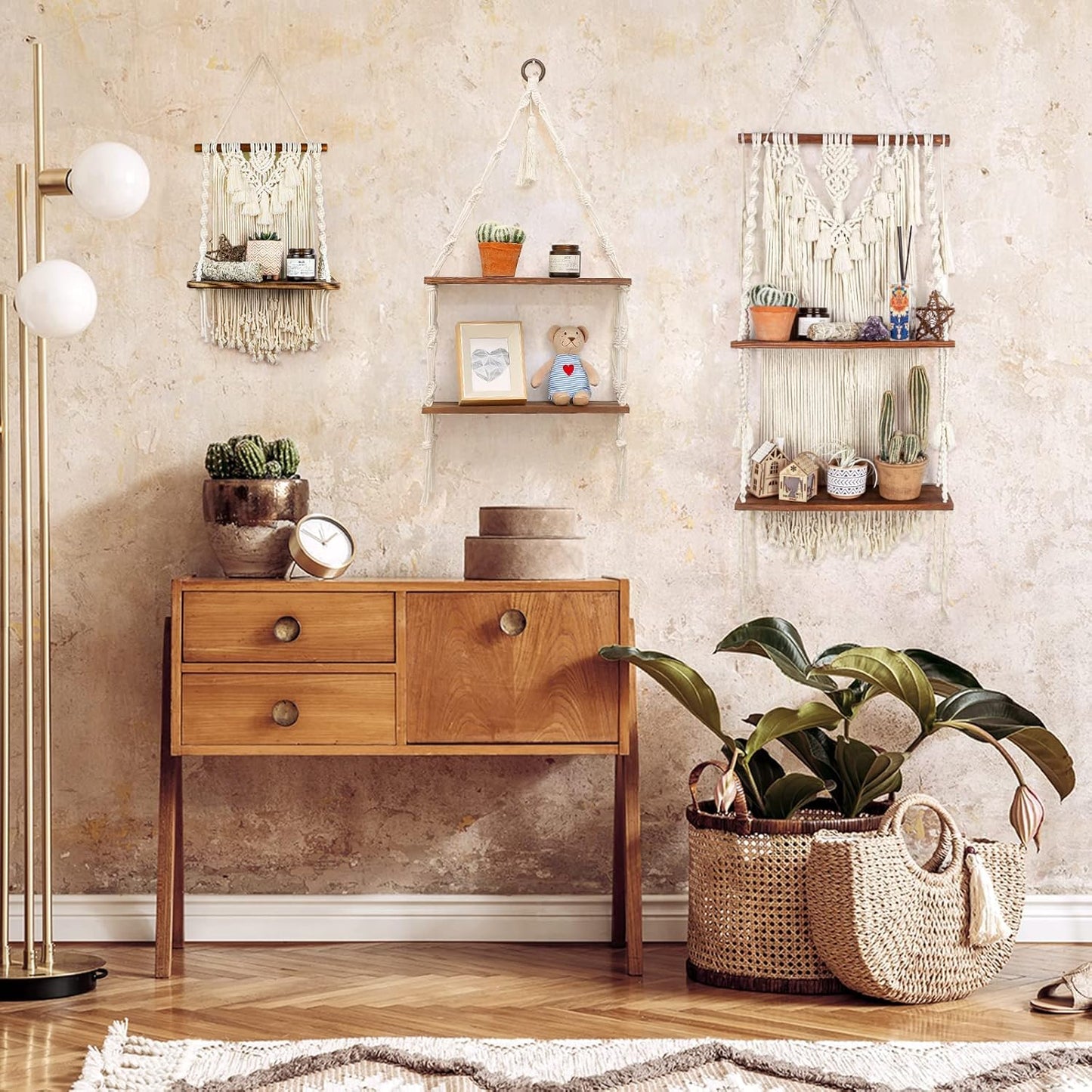 Handmade Bohemian Wooden Woven Plant Floating Shelves Decor / Large