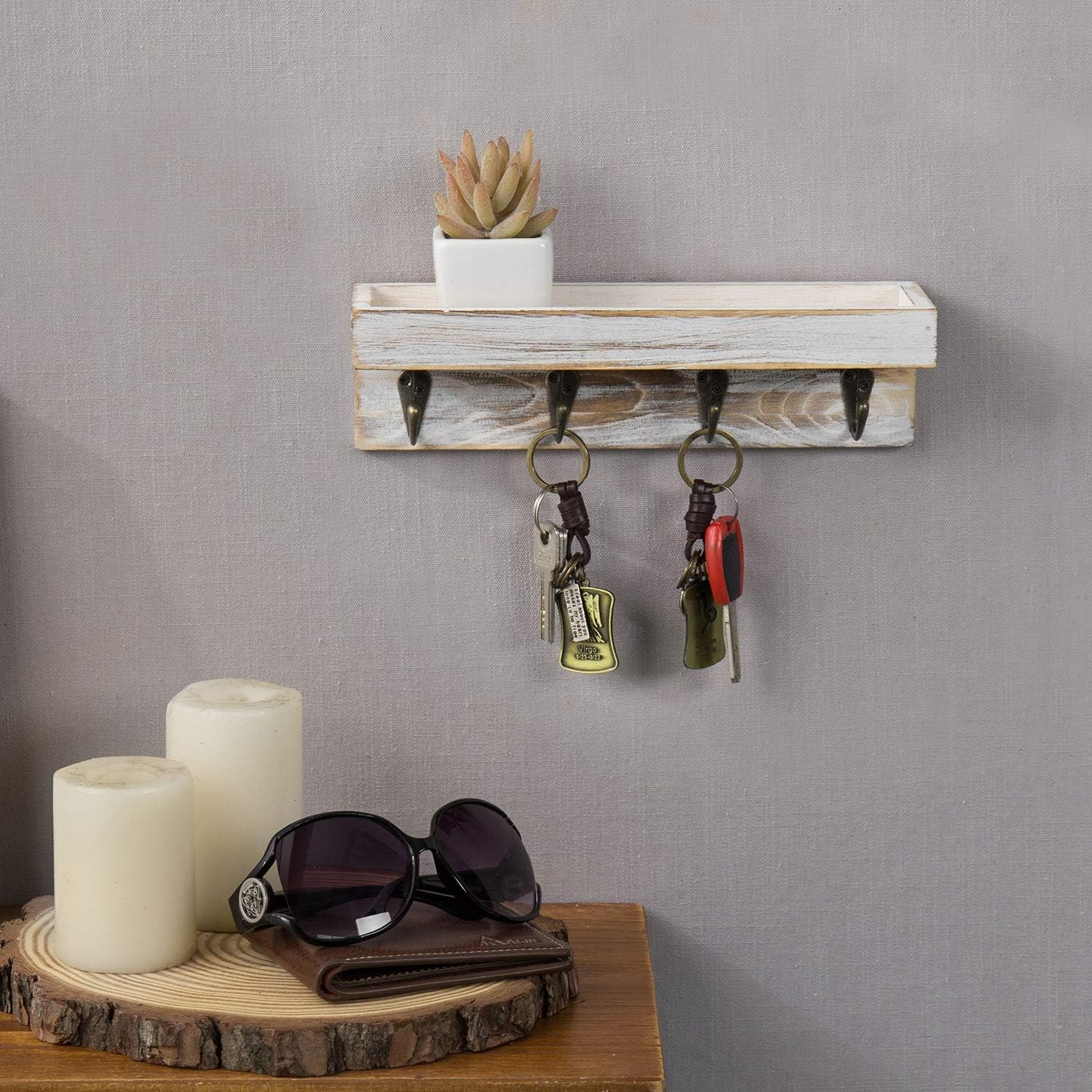 4 Metal Key Hooks / Whitewashed / 10 Inch