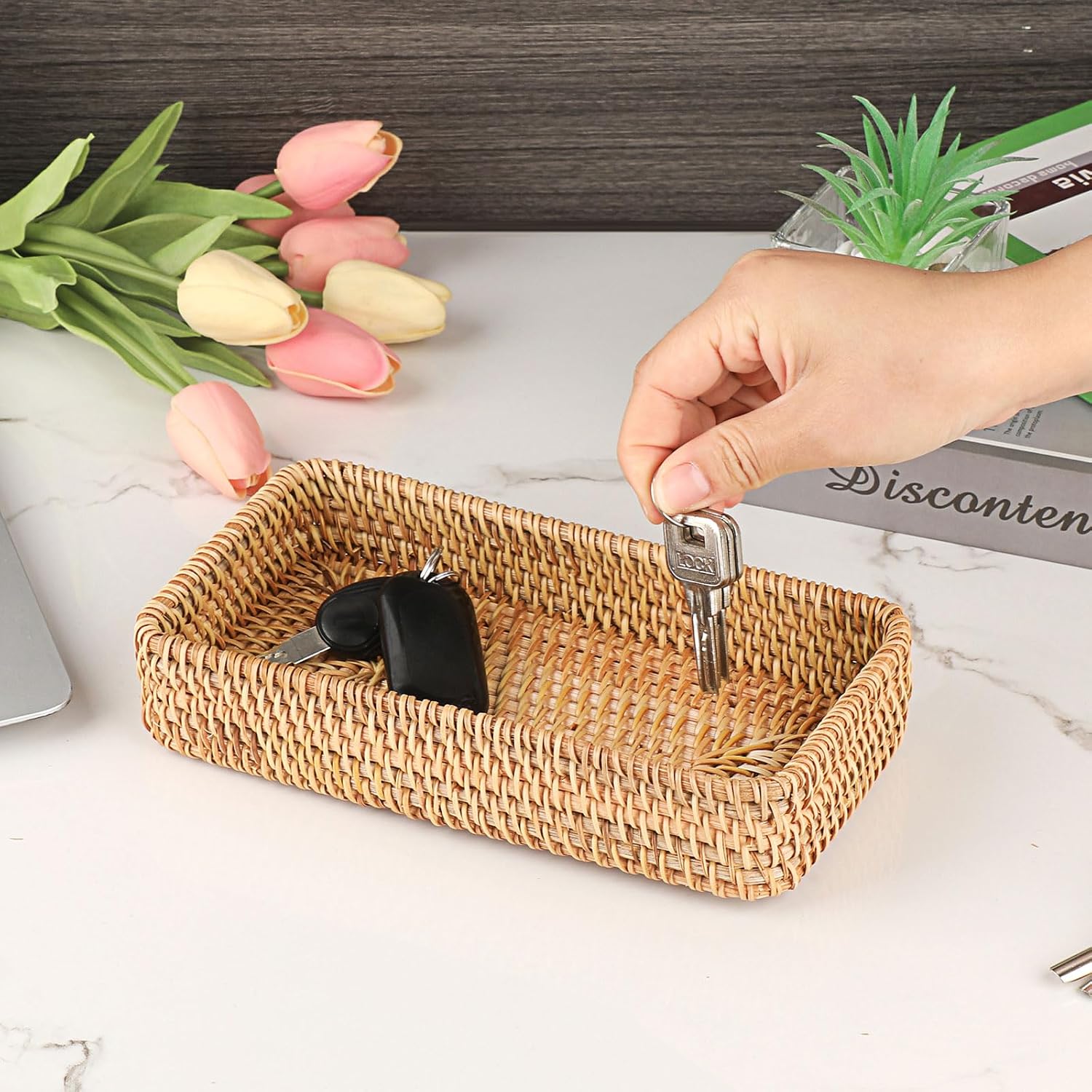 Key Basket for Entryway Table Natural Rattan Serving Tray Small / 8.3 x 4.7 x 1.6 / Natural Color