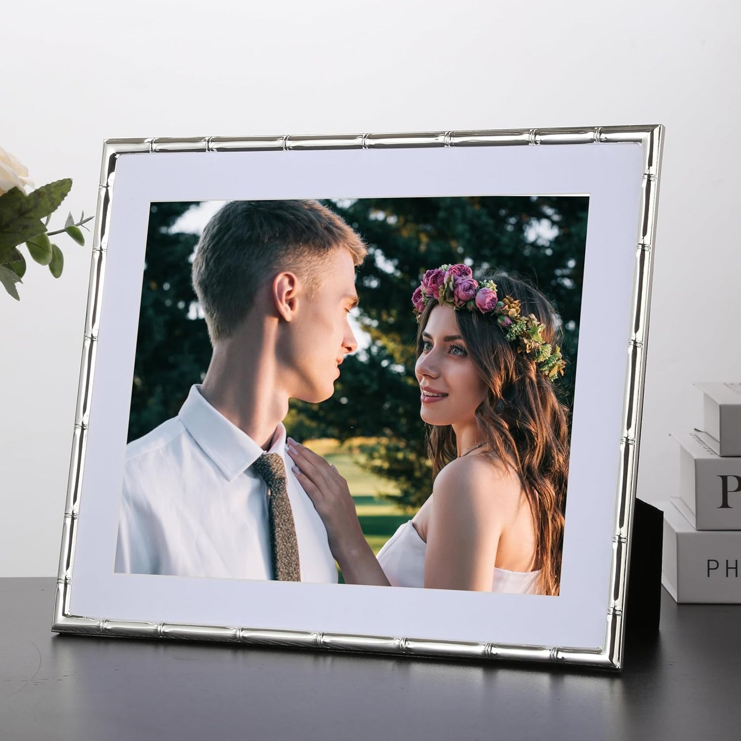 YiPinYin 10x12''Bamboo Detail Silver Metal Photo Frame with Acid Free Mat for 8x10'' Set of 2,Elegant Narrow Plated