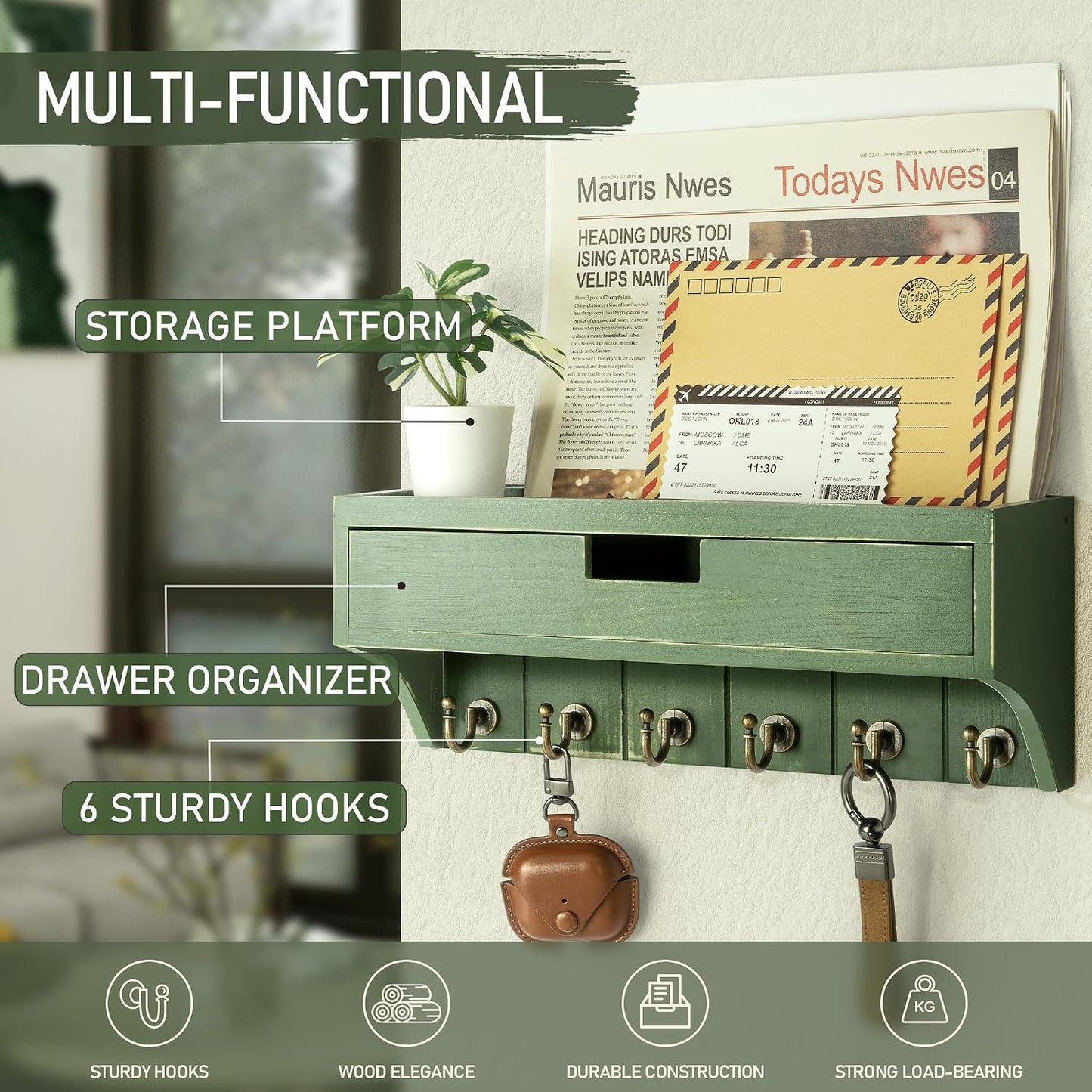 Pine Wood Key Holder Wall Mount / Green / 1-drawer
