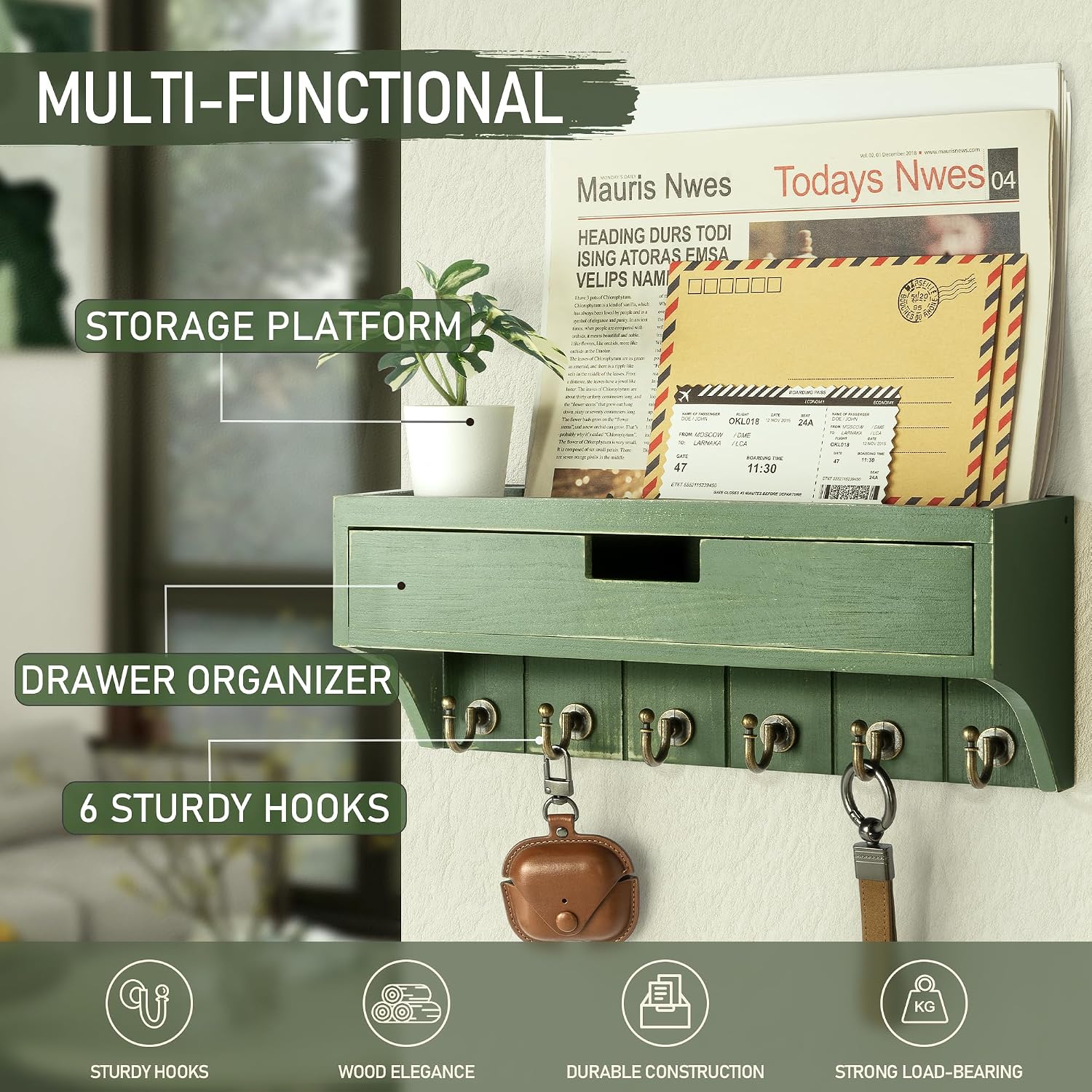 Pine Wood Key Holder Wall Mount / Green / 1-drawer