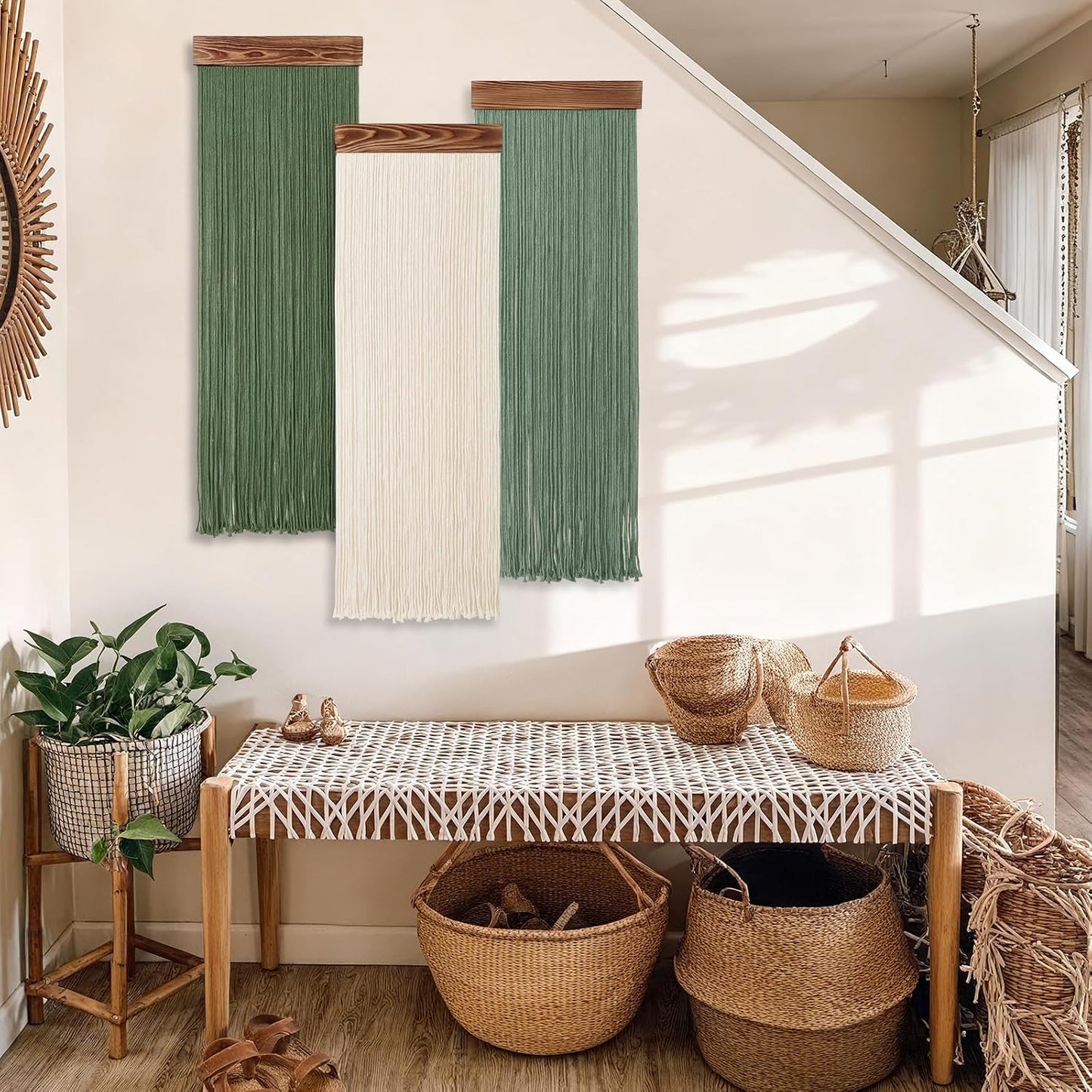 Macrame Wall Hanging Boho Chic Home Decor / Green and Beige / Set of 3