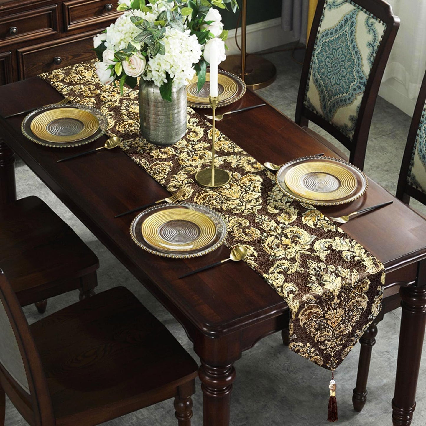 Dark Brown Table Runners 120" Thick Chenille with Europe Floral Pattern | Baroque Style,for Table Decor at Christmas