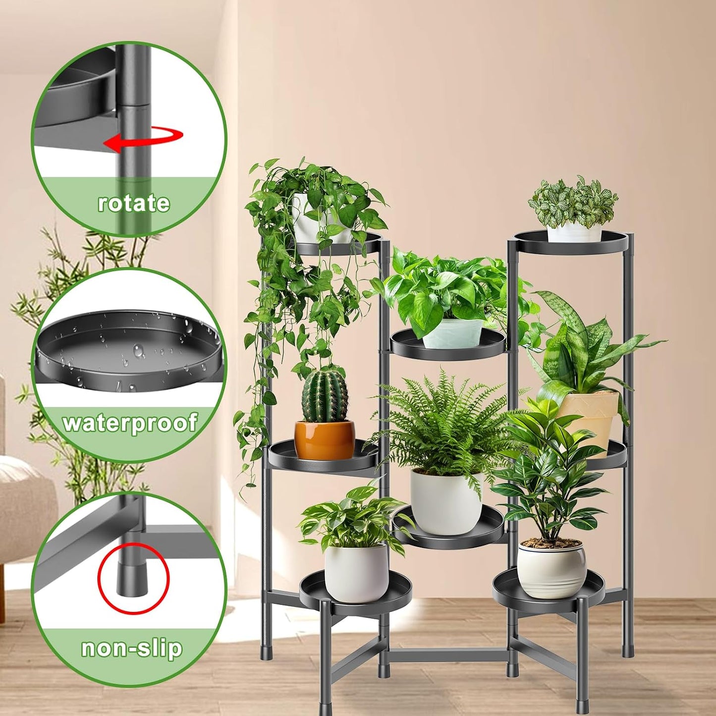 5 Tier Plant Stand Indoor Tall, Adjustable Black Plant Shelf for Multiple 8 Potted Flower Plants Holders, Corner Metal