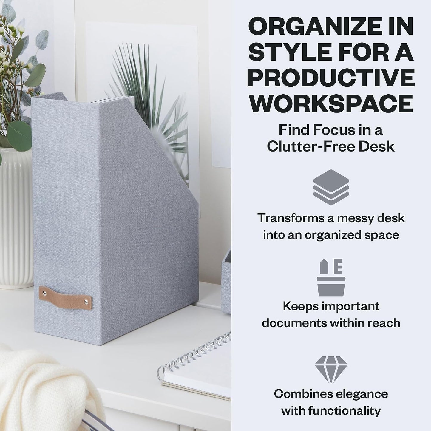 Bigso Estelle Magazine File - Magazine Holder and Organizer for Papers and Catalogs with Leather Handle - Magazine File