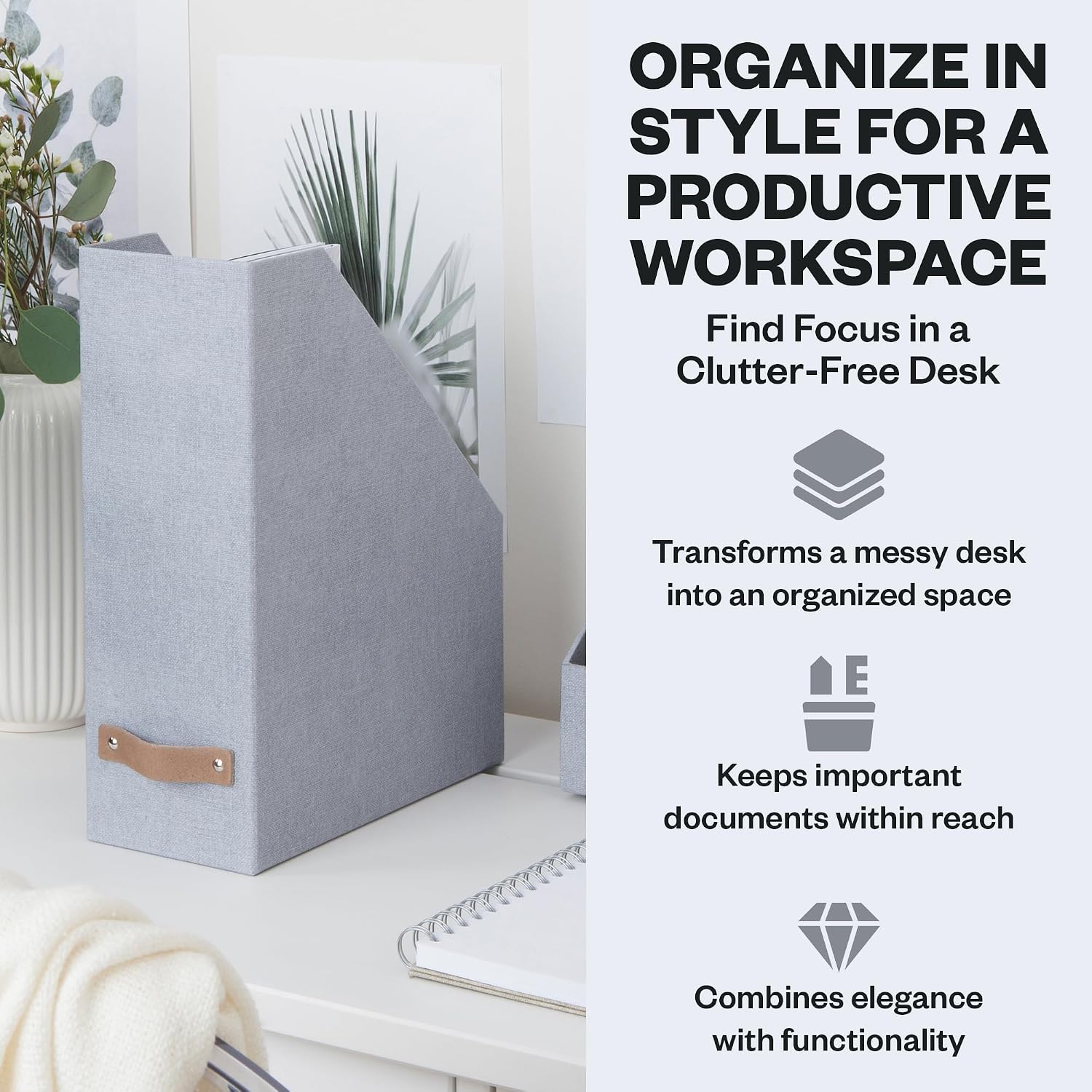 Bigso Estelle Magazine File - Magazine Holder and Organizer for Papers and Catalogs with Leather Handle - Magazine File
