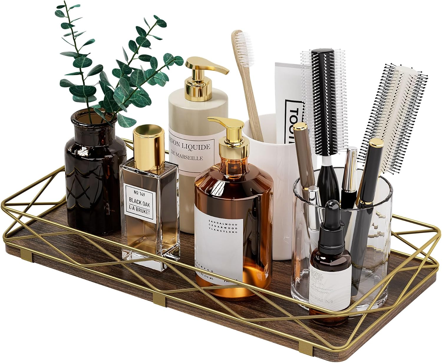 Wood and Metal Toilet Tray Vanity Organizer Bathroom Tray / Brown+gold