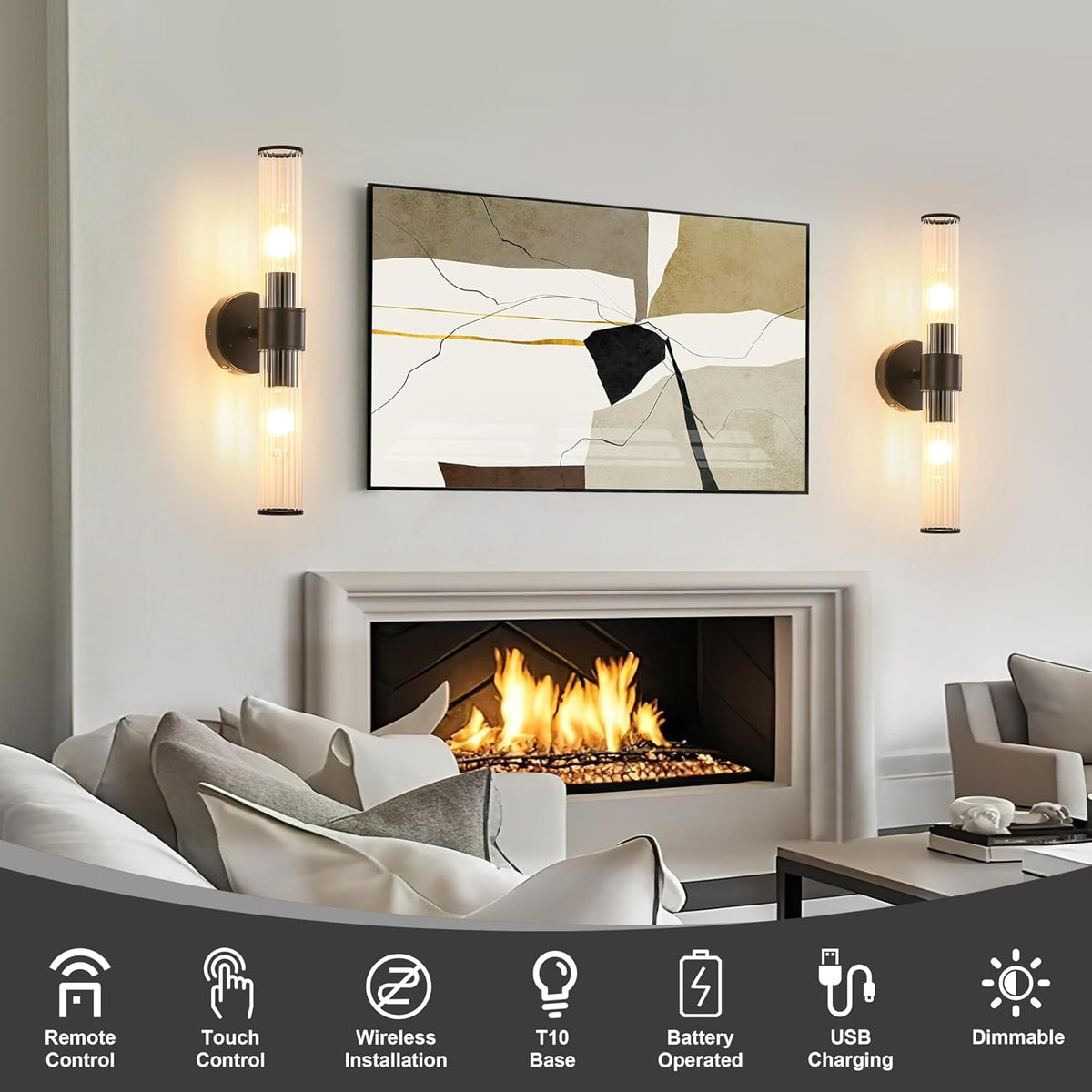 Morauroral Black Battery Operated Wall Sconces Set of 2 | Rechargeable Wall Lights with Remote, 20 Inch Modern Wireless