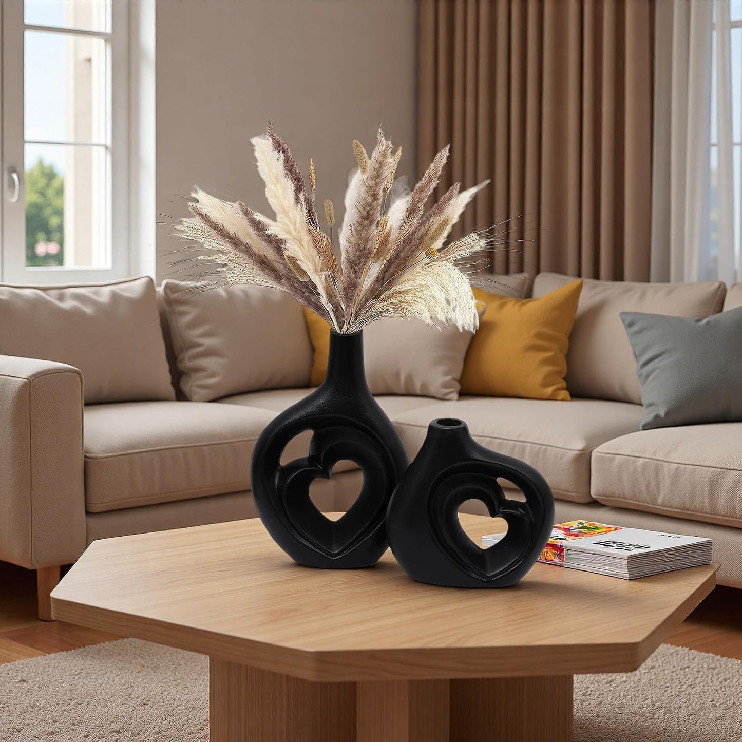Matte Black Heart Shaped Hollow Ceramic Vase / Black-01 / Set of 2