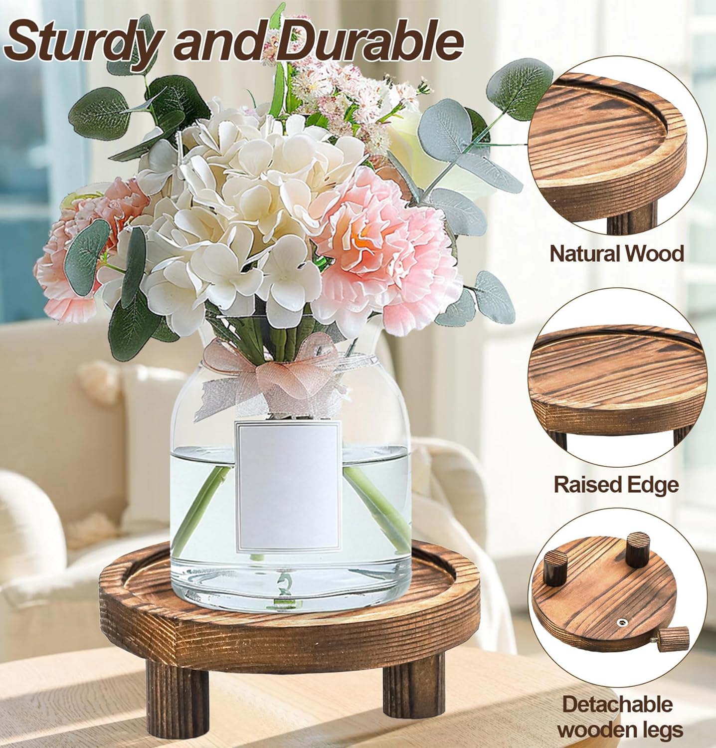Round Wood Riser Plant Stand 5/6/8" Pedestal Stand / Brown / Set of 3