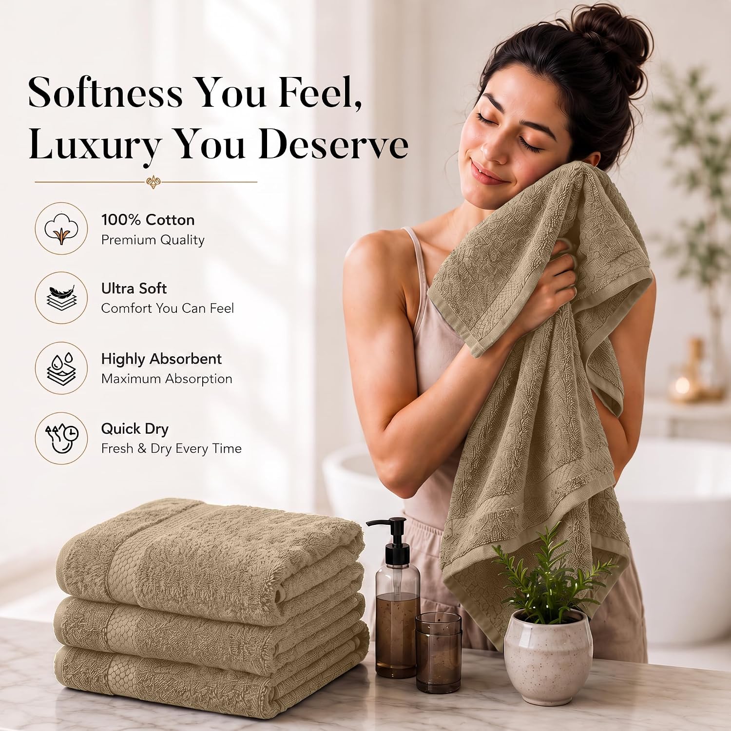 DAN RIVER 600 GSM Cotton Large Bath Towels Set of 4, 27 x 54 Inches, Tan | Larger & Lighter Weight Towels for Bathroom