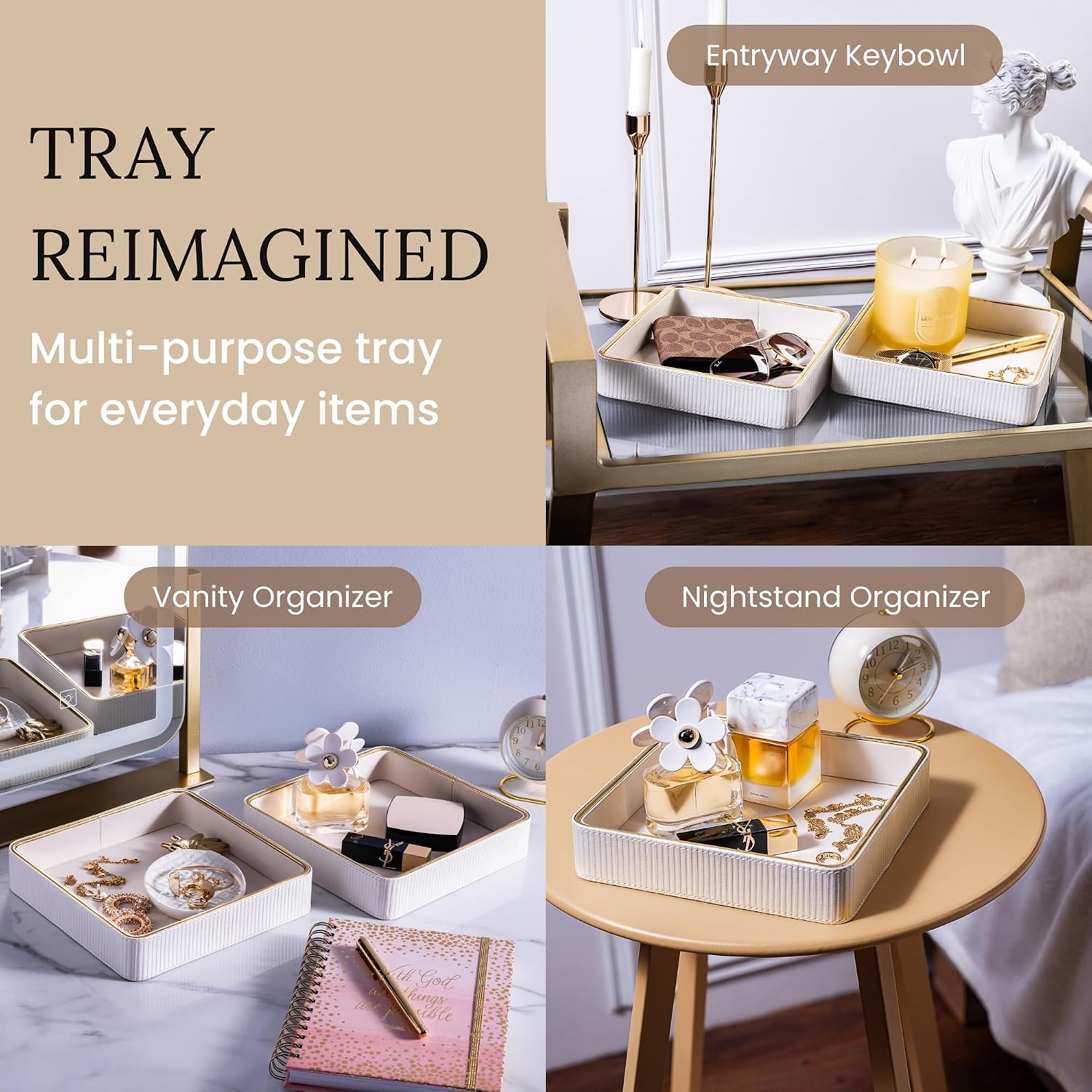 Bedside Tray / Leather Catchall Tray / White / 8 x 8 x 1.8 / Set of 2