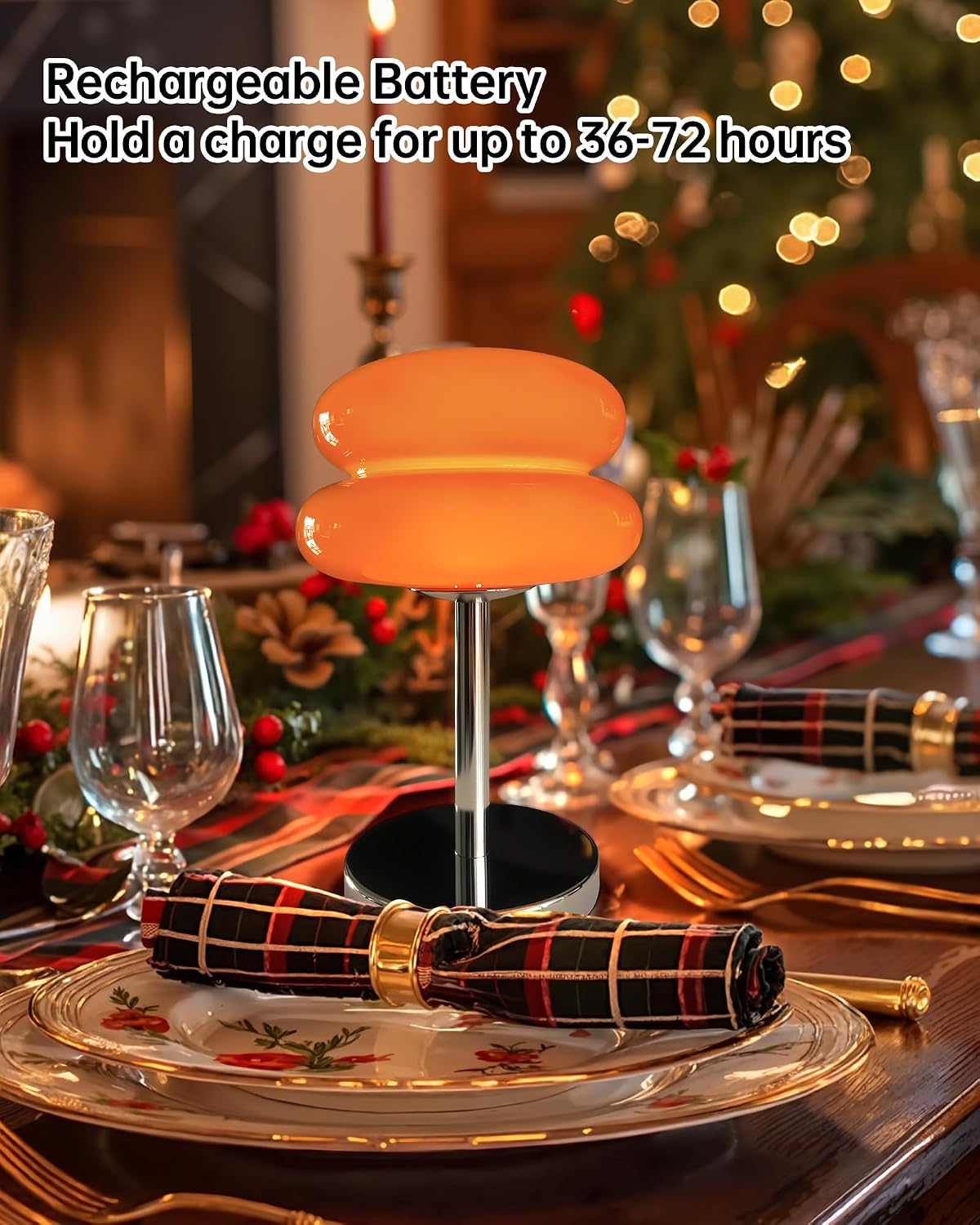 Cordless Orange Mushroom Lamp, Mid Century Modern Glass Lamp 6000mAh Rechargeable Small Table Lamps, Cute Cool Desk