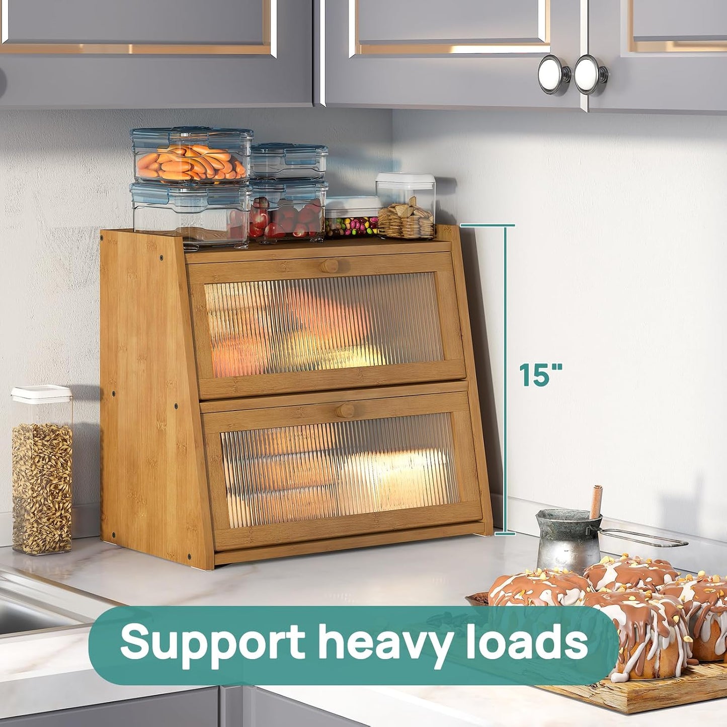 viewcare Extra Large Bread Box, Double Layer Bread Box for Kitchen Counter, Bamboo Wood Large Capacity Bread Storage