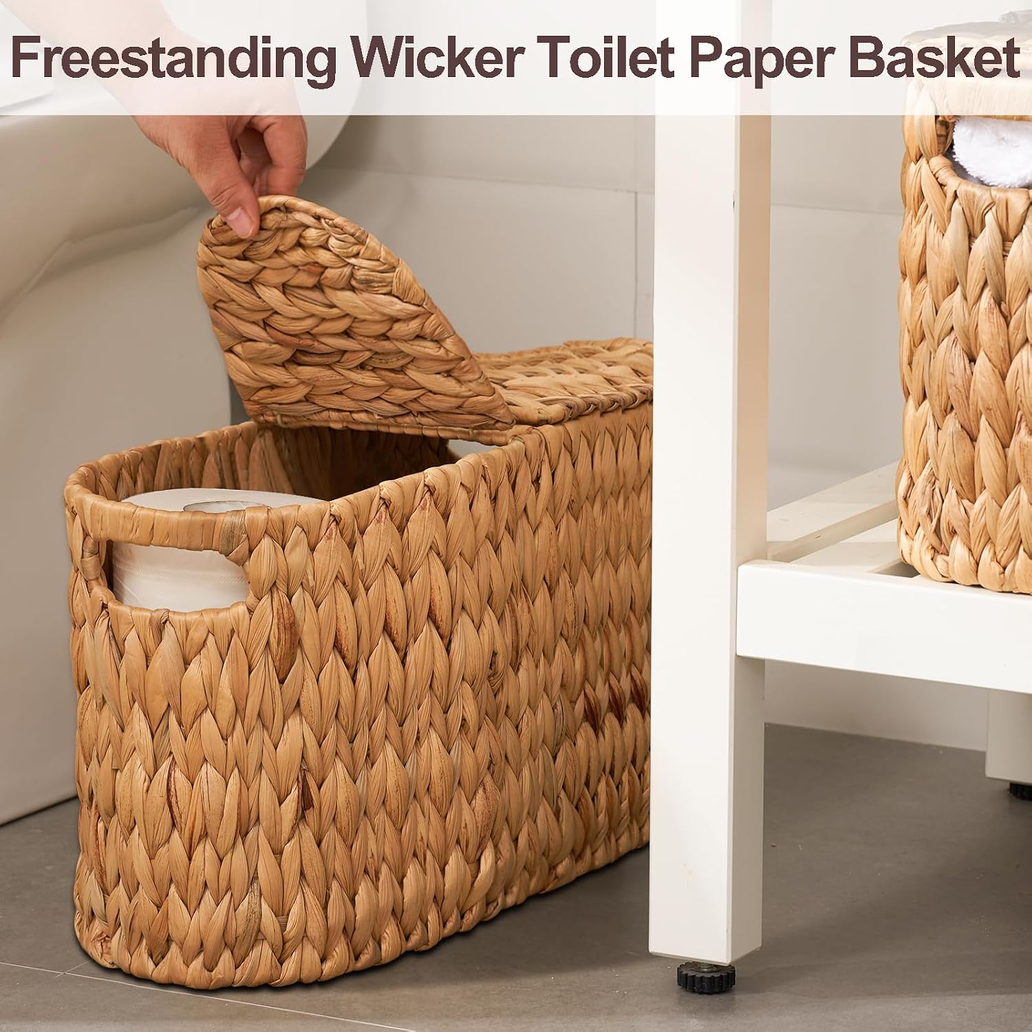 FairyHaus Wicker Toilet Paper Storage Basket with Lid & Handles, 6 Rolls Handwoven Toilet Paper Holder with Storage