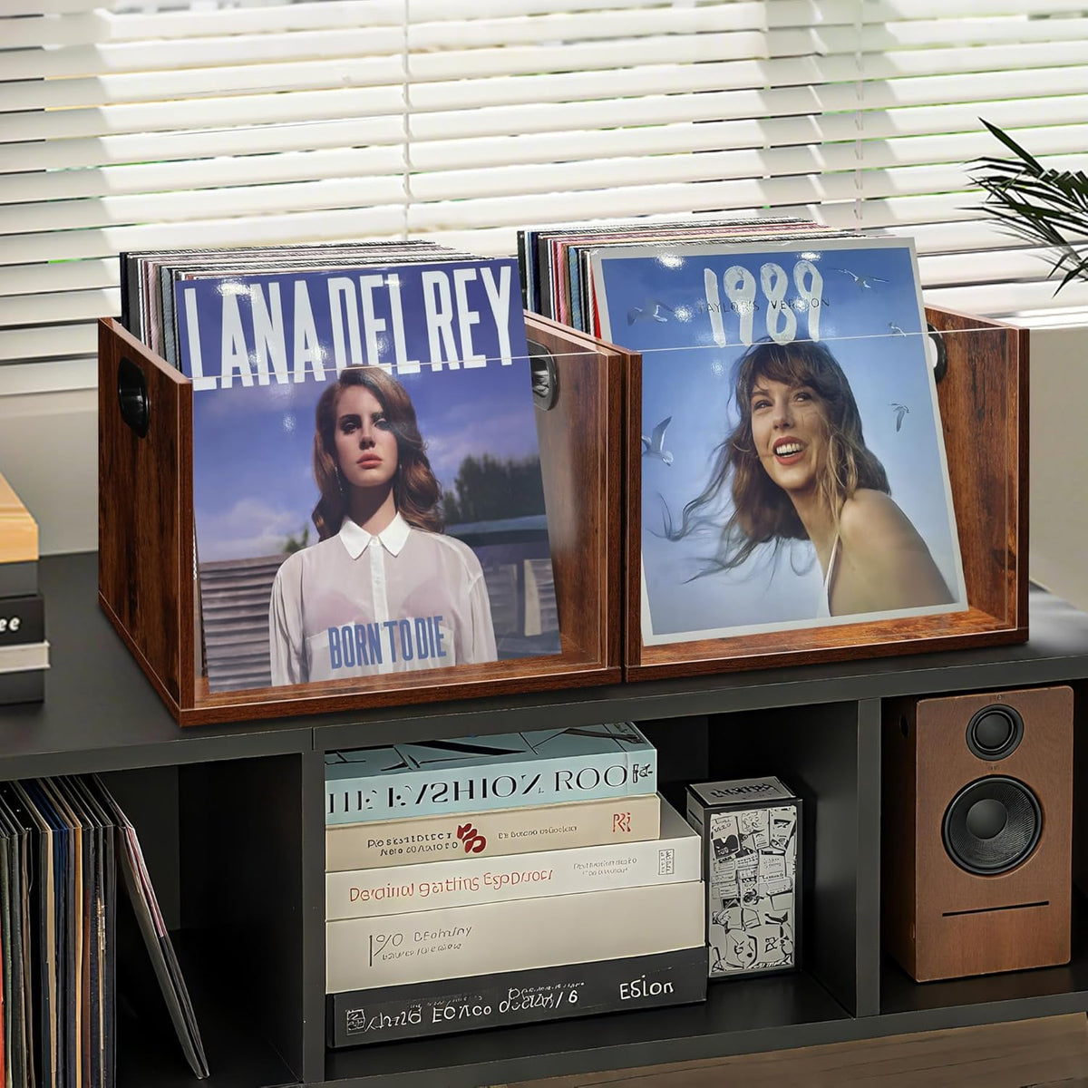 Vinyl Record Storage Crate 2 Pack, Holds up To 60 LPs, Album Visible Storage Box with Acrylic Front, Handle, Wooden