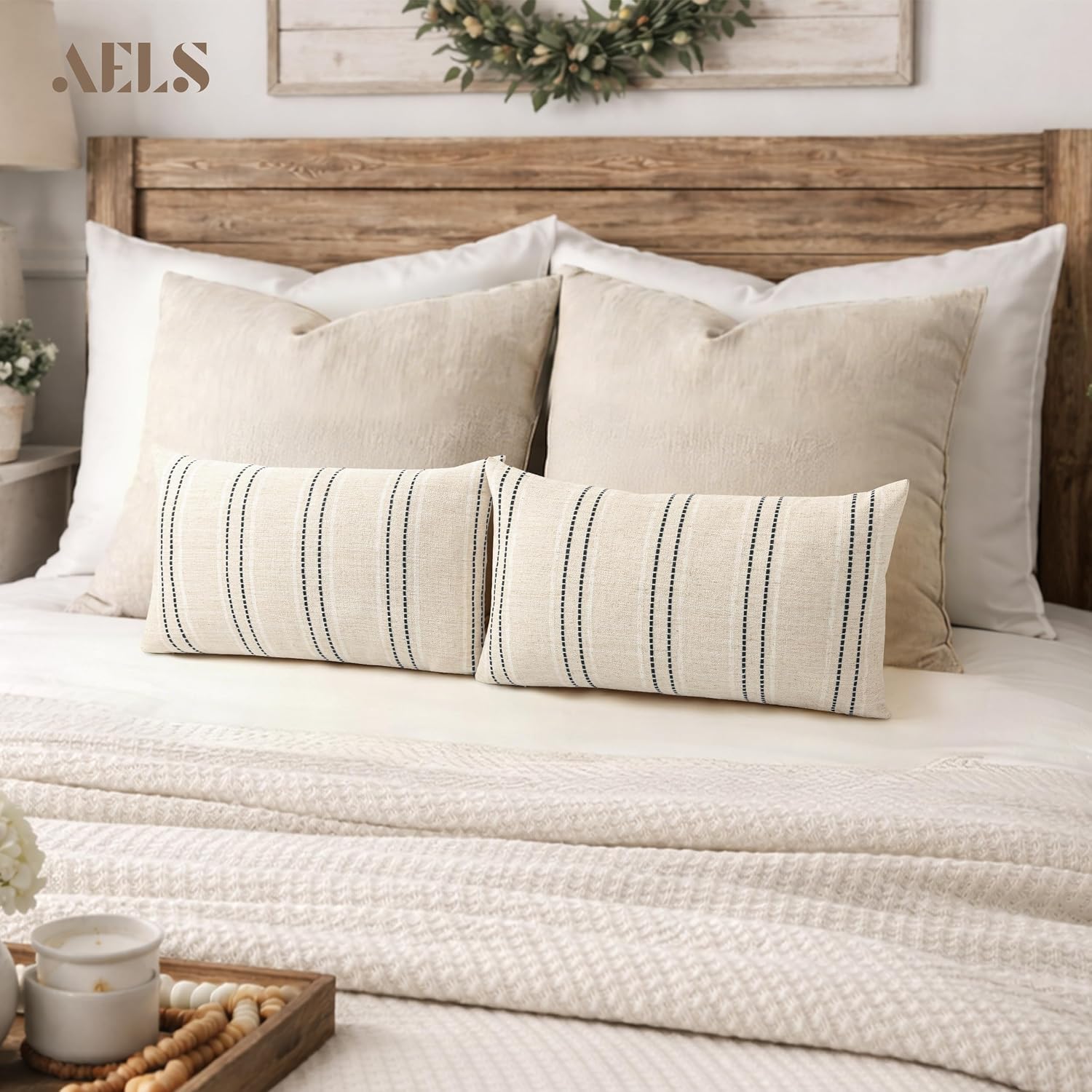 Boho Textured Pillow Case / Beige with White & Black / 20 x 12 / Set of 2